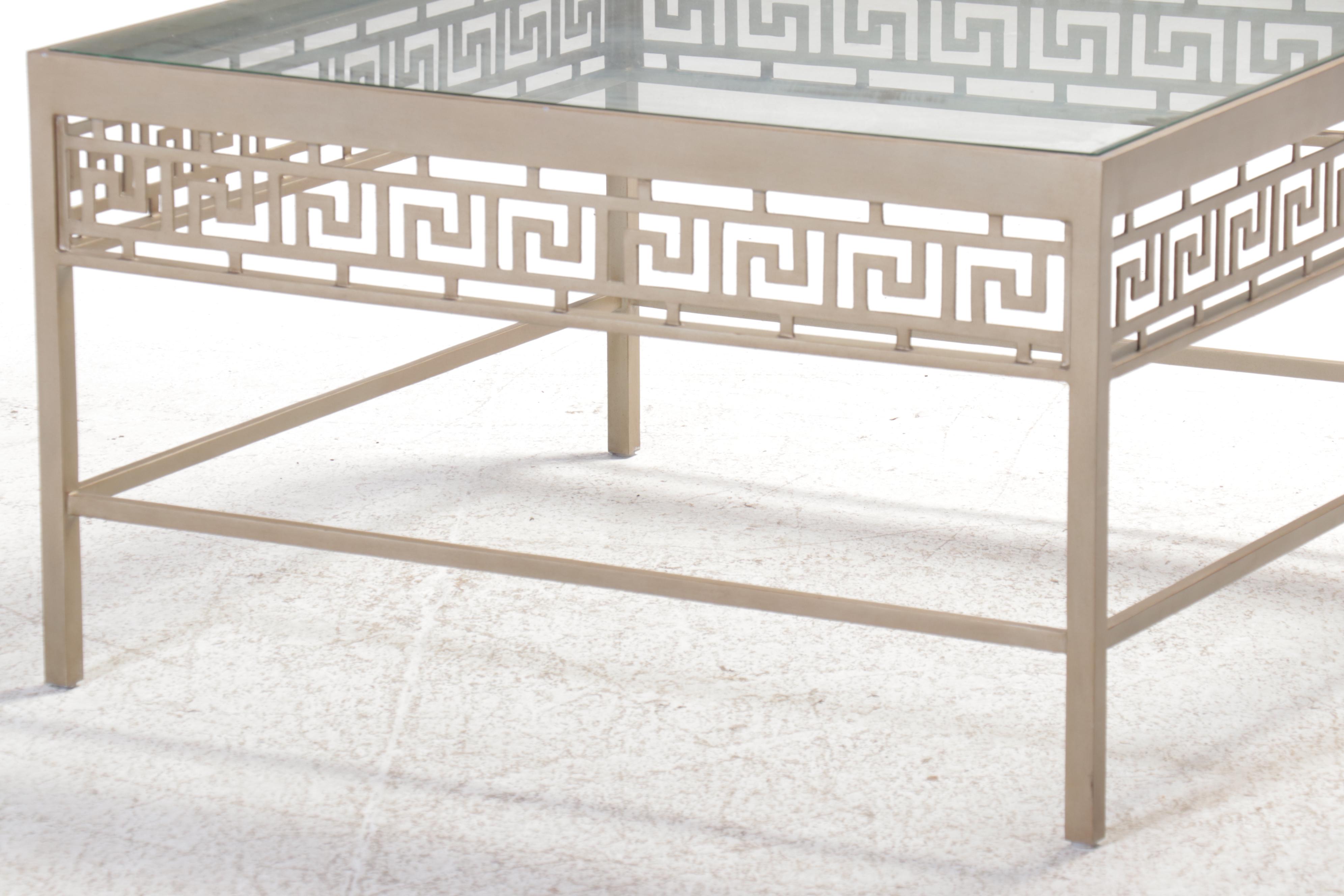 Hollywood Regency Style Metal Glass Top Coffee Table Greek Key Motif