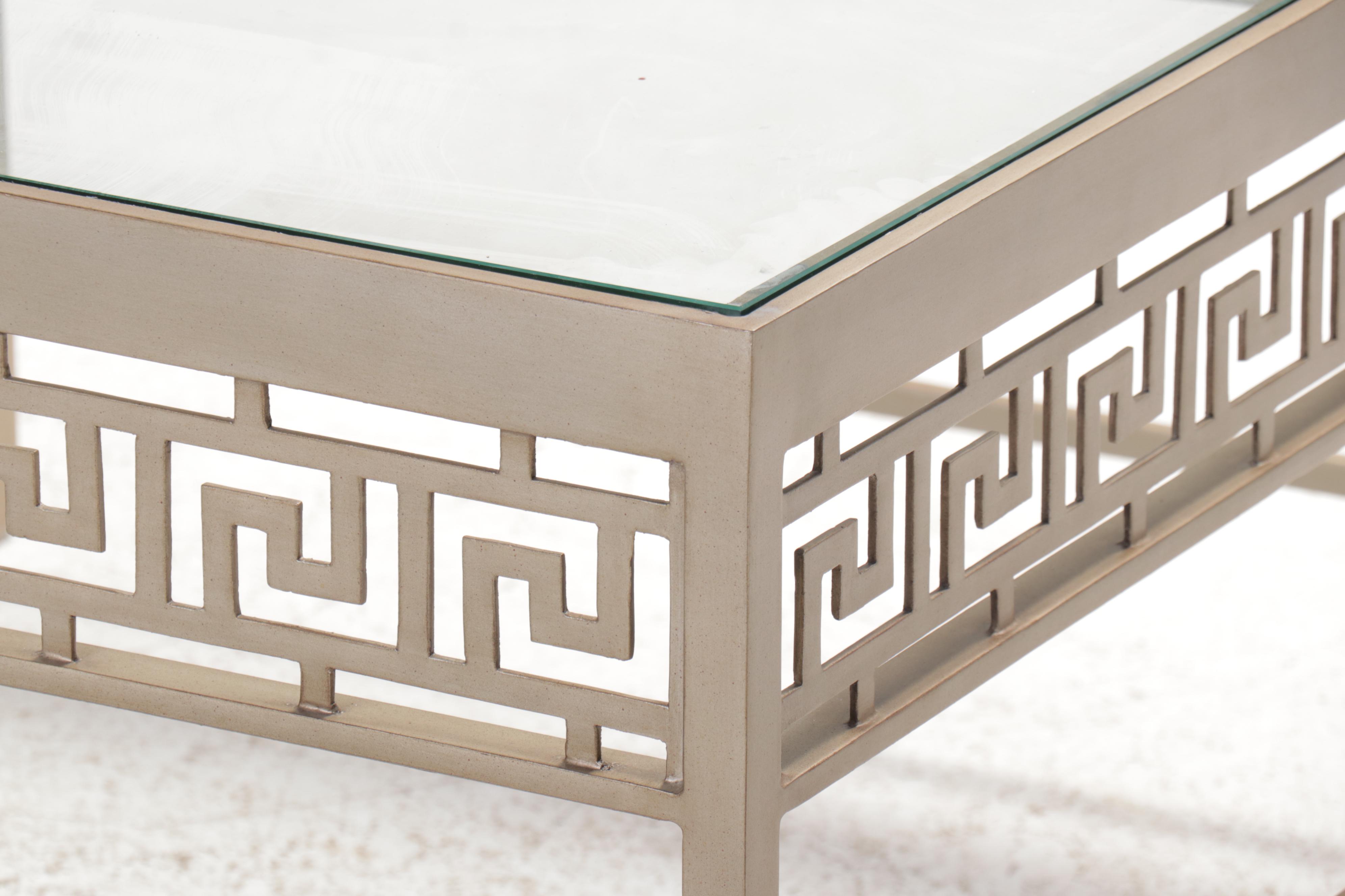 Hollywood Regency Style Metal Glass Top Coffee Table Greek Key Motif