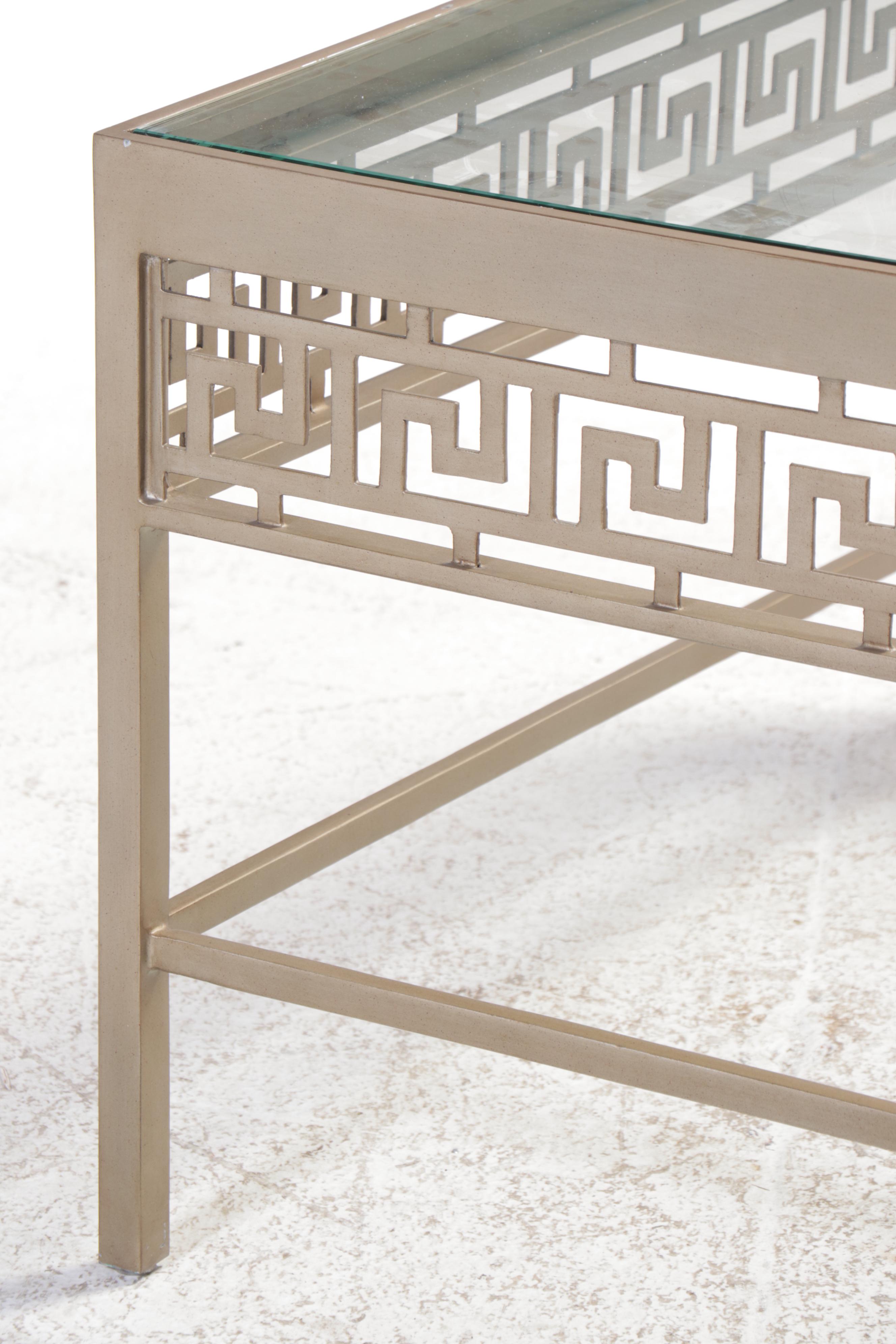 Hollywood Regency Style Metal Glass Top Coffee Table Greek Key Motif