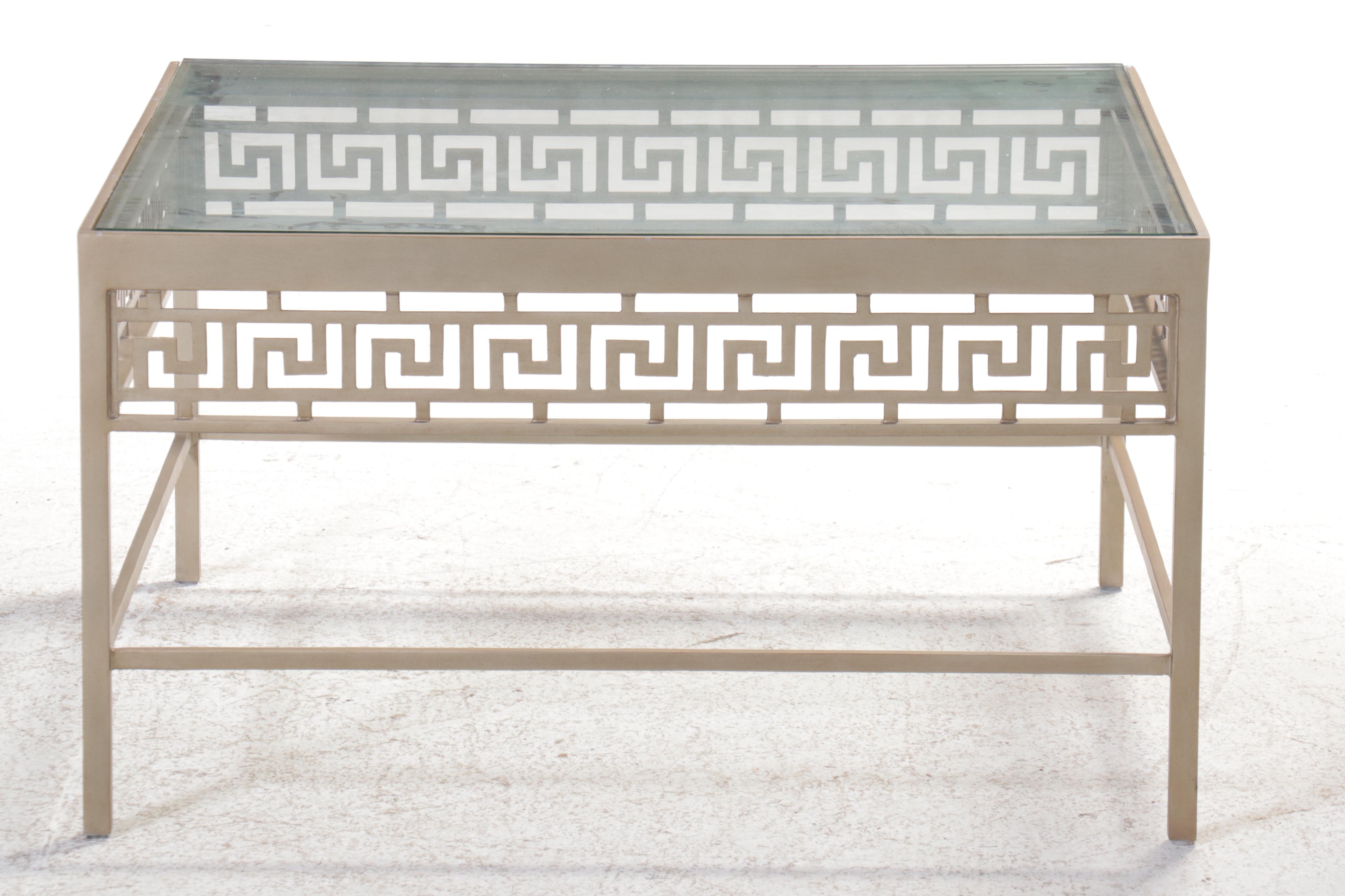 Hollywood Regency Style Metal Glass Top Coffee Table Greek Key Motif