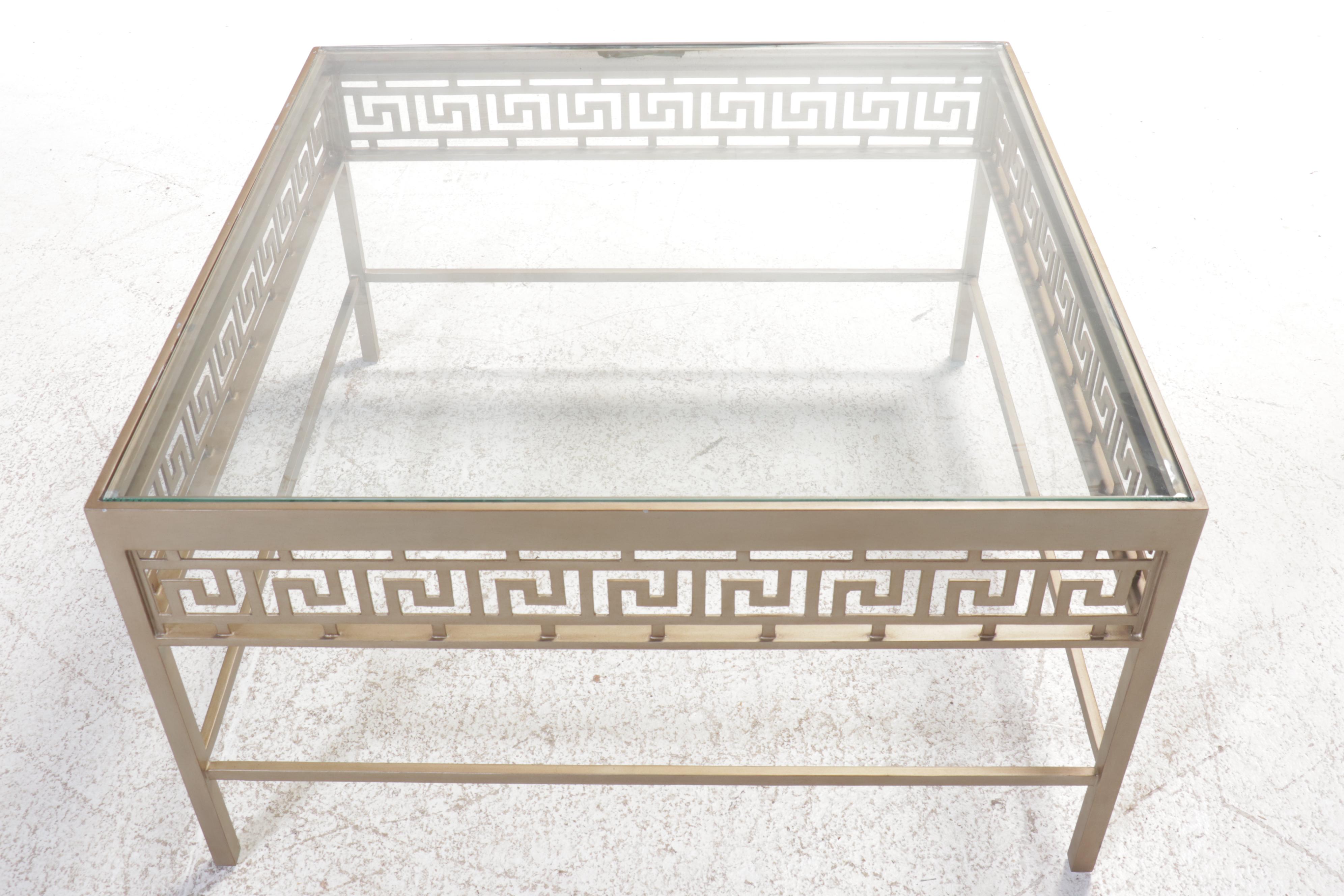 Hollywood Regency Style Metal Glass Top Coffee Table Greek Key Motif