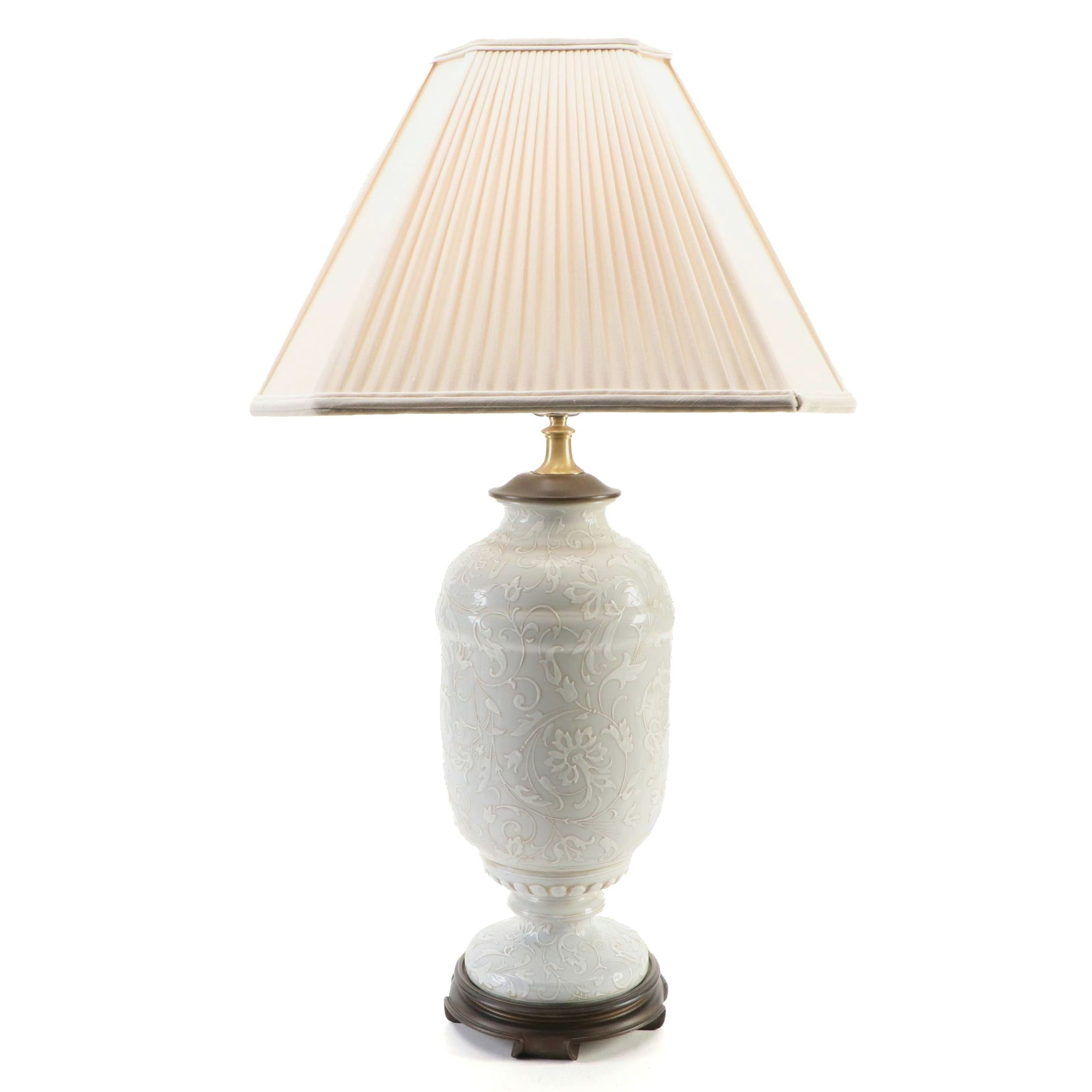 Oriental Accent Slip Decorated Table Lamp with Silk Pleat & Quarter Panel Shade