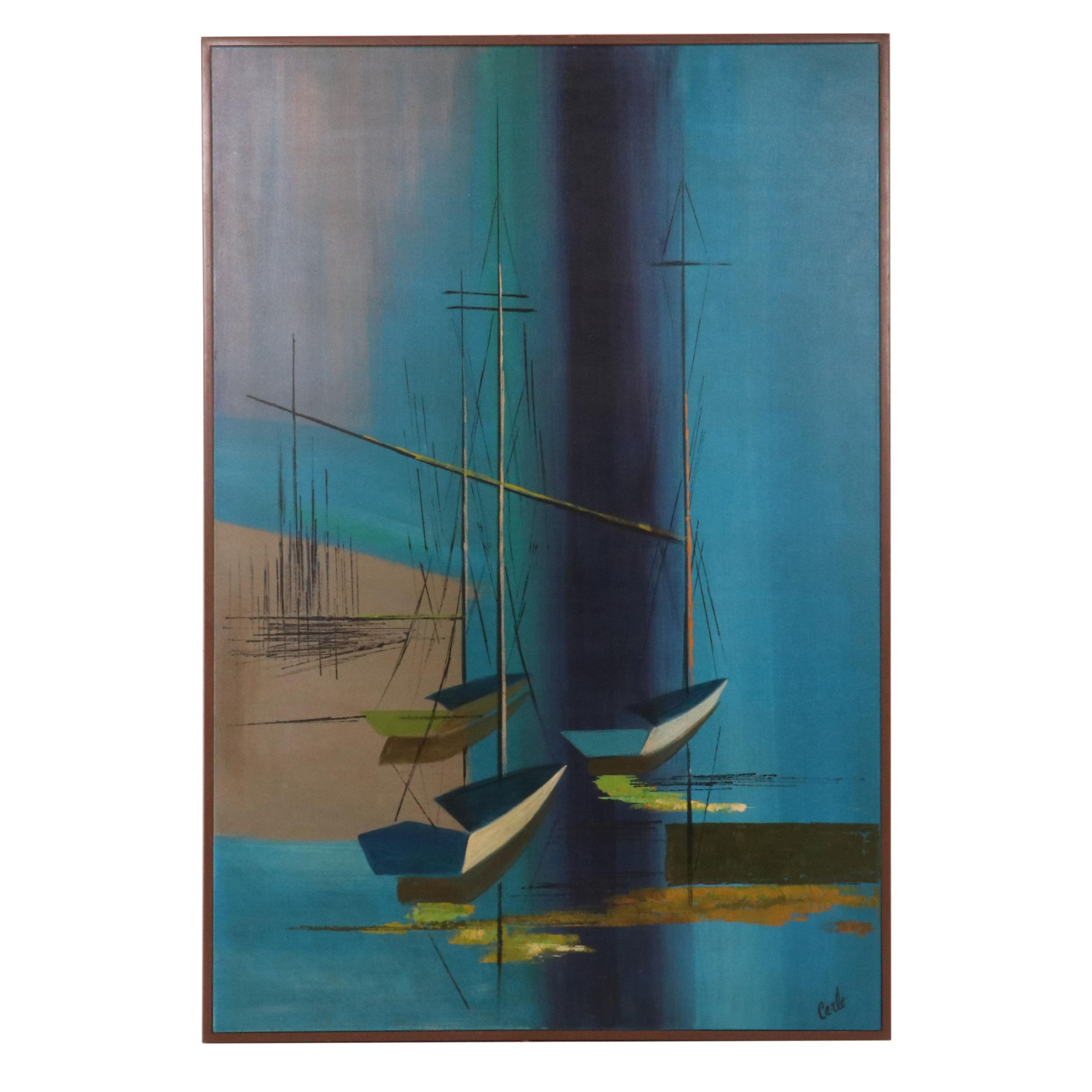 Carlo of Hollywood Oil Painting of Abstracted Sailboats, Mid-20th Century