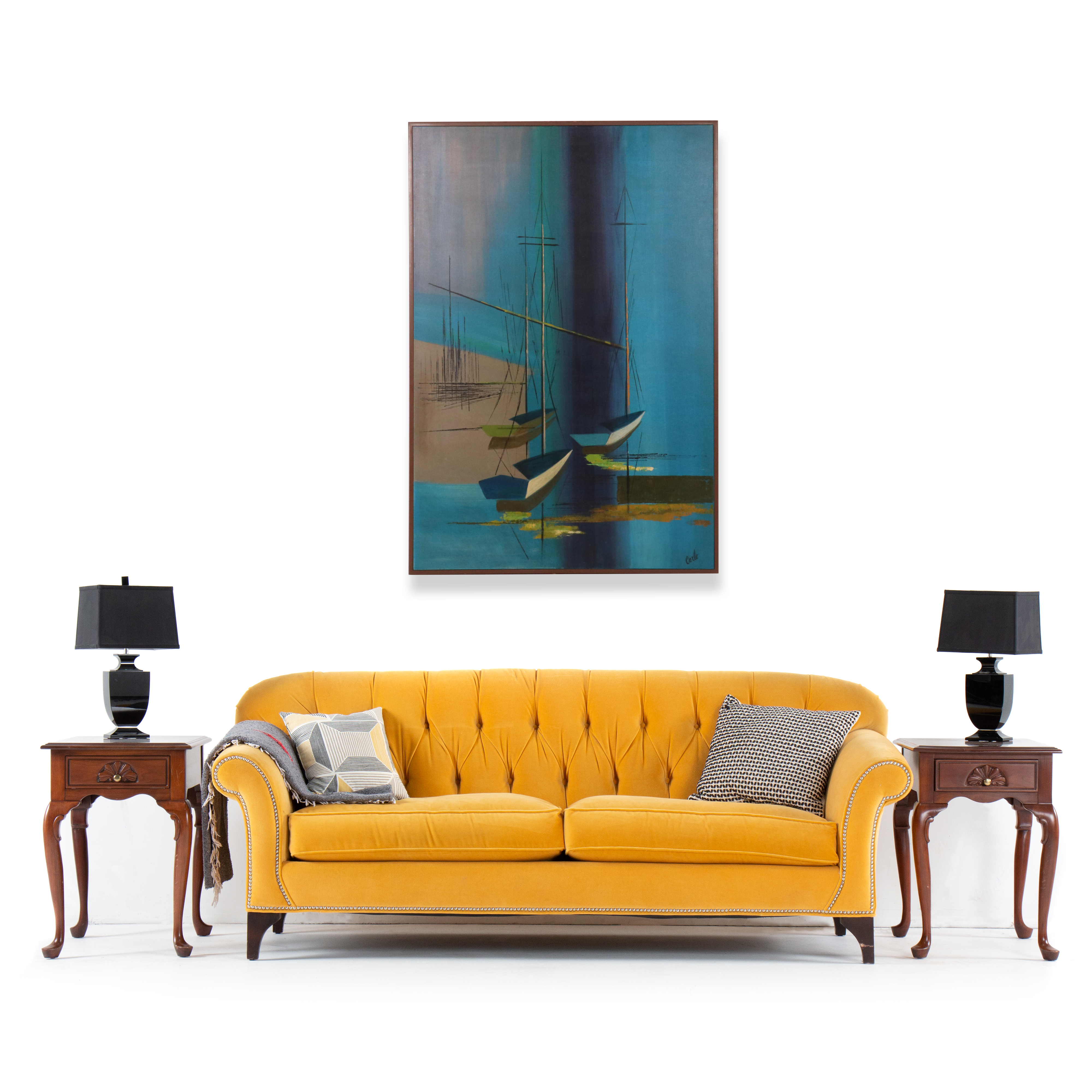 Carlo of Hollywood Oil Painting of Abstracted Sailboats, Mid-20th Century