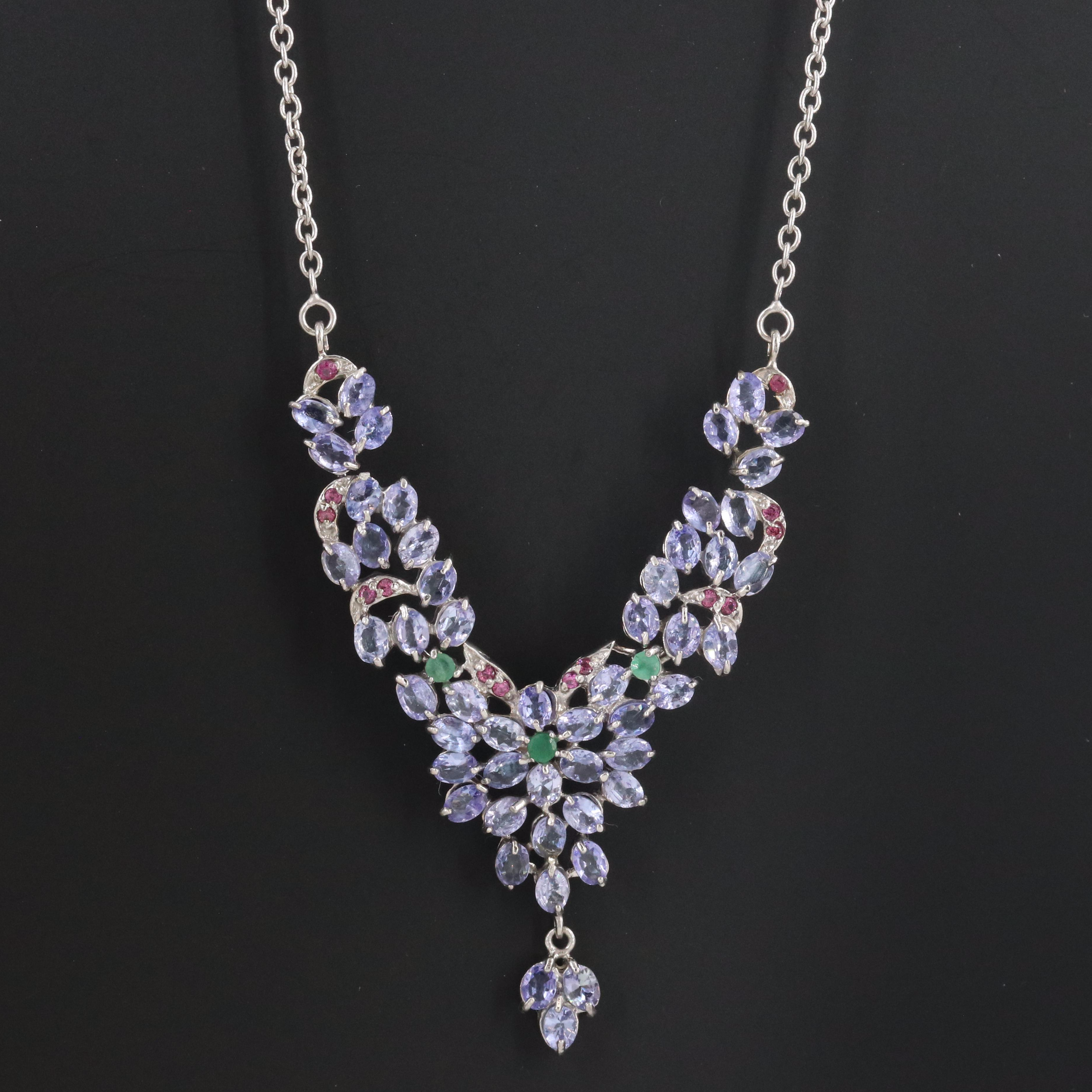 Sterling Tanzanite, Emerald and Garnet Necklace