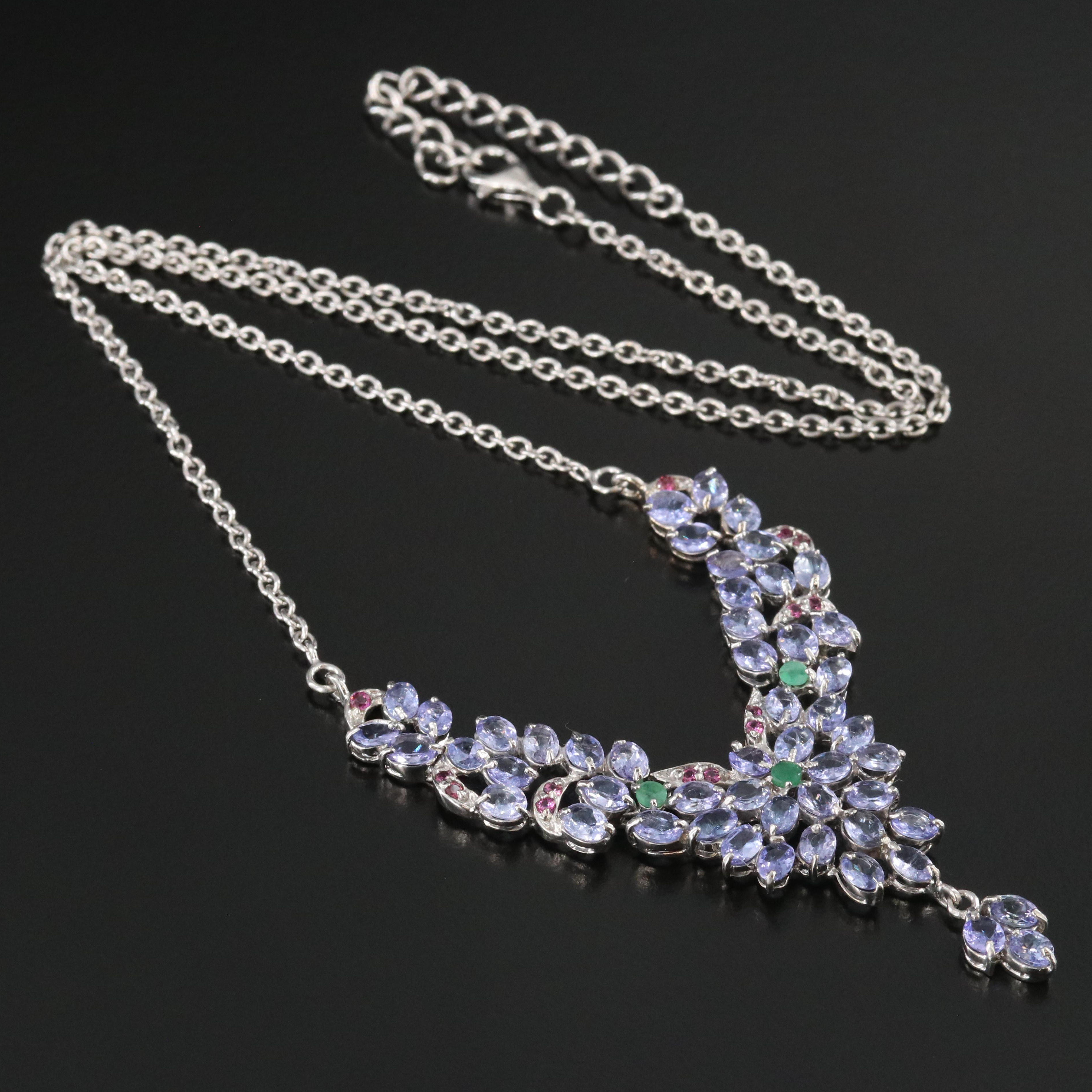 Sterling Tanzanite, Emerald and Garnet Necklace