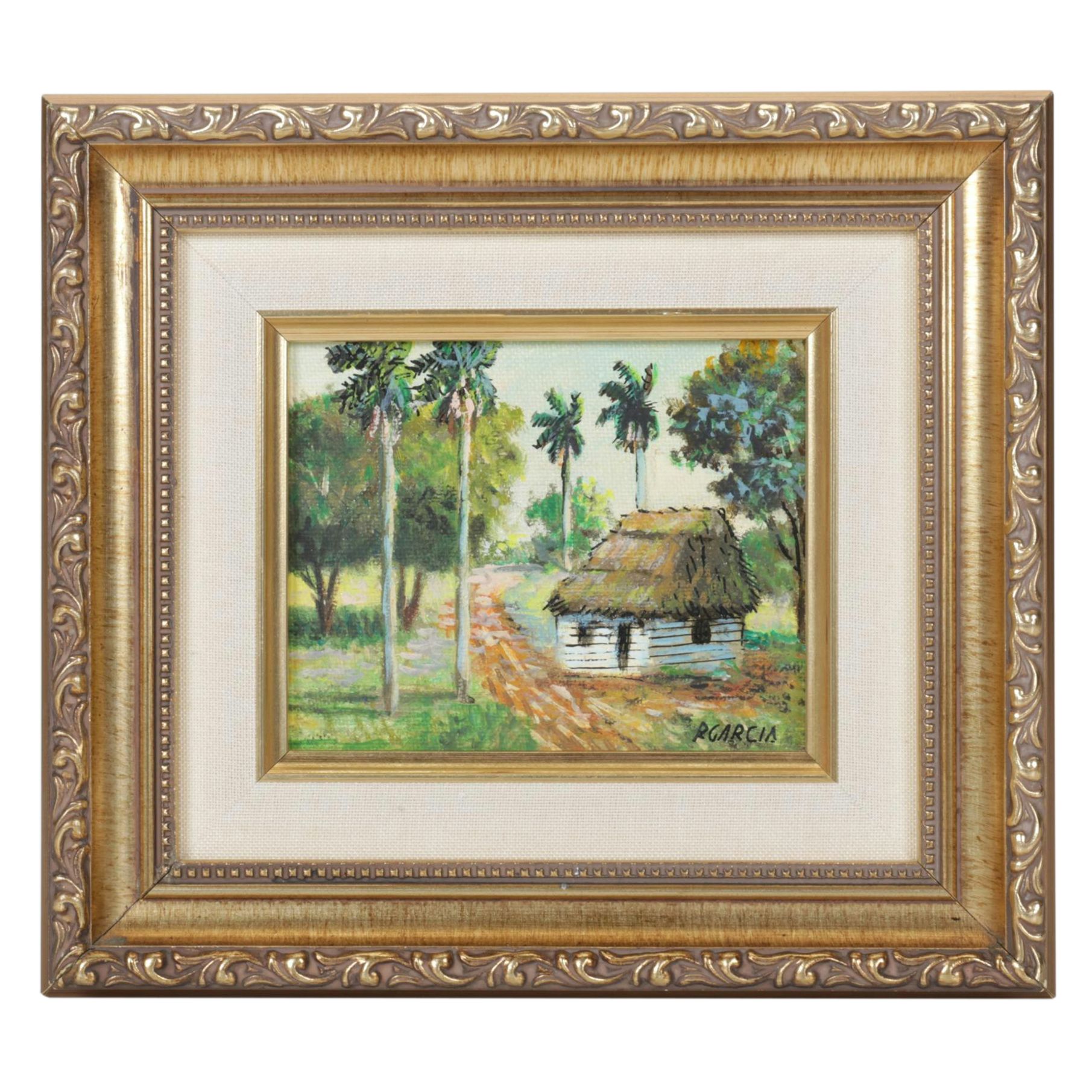 R. Garcia Miniature Reclusive Thatch-roofed Hut and Landscape Oil Painting