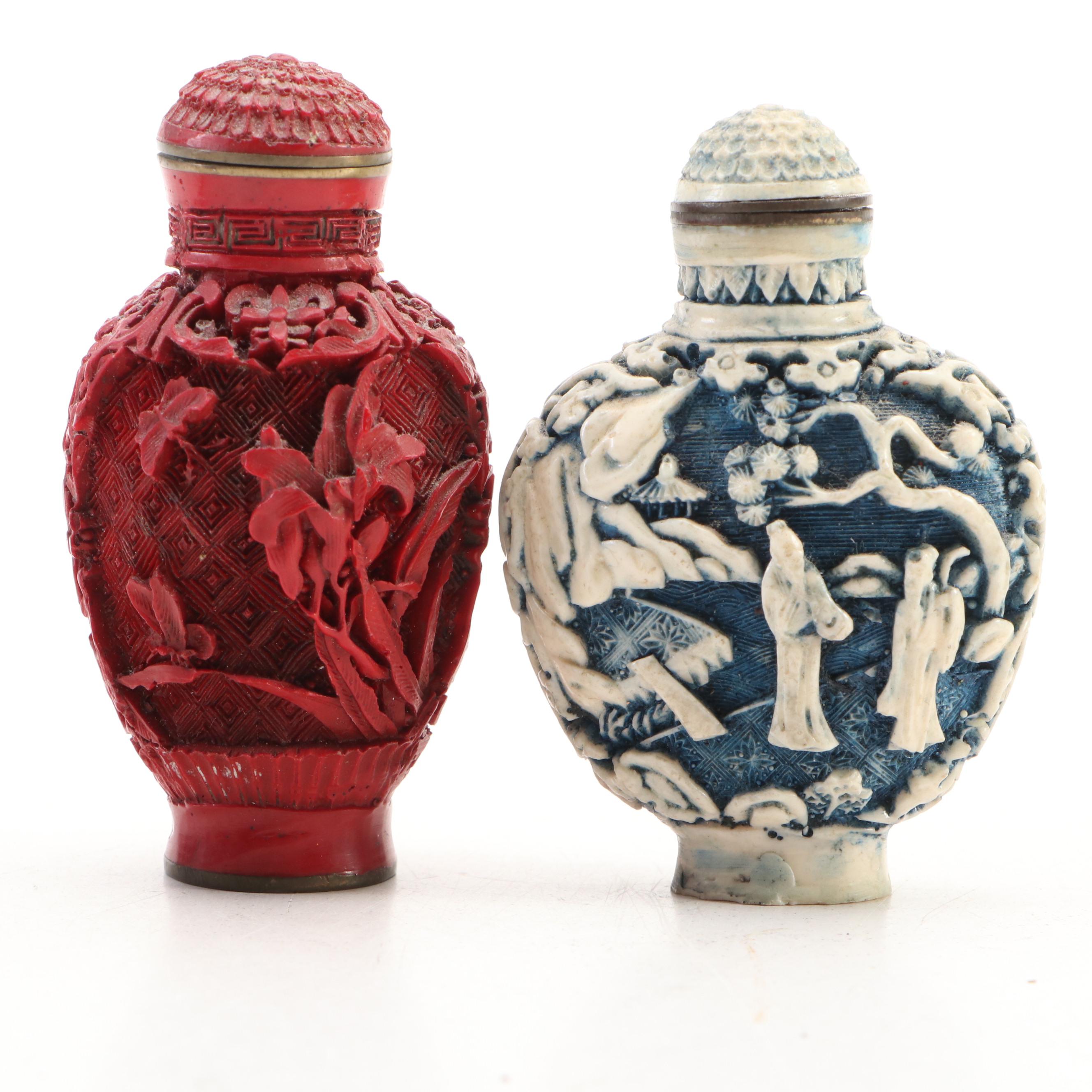 Qing Dynasty Chinese Lacquerware Snuff Bottles with Cloisonné Metal Box