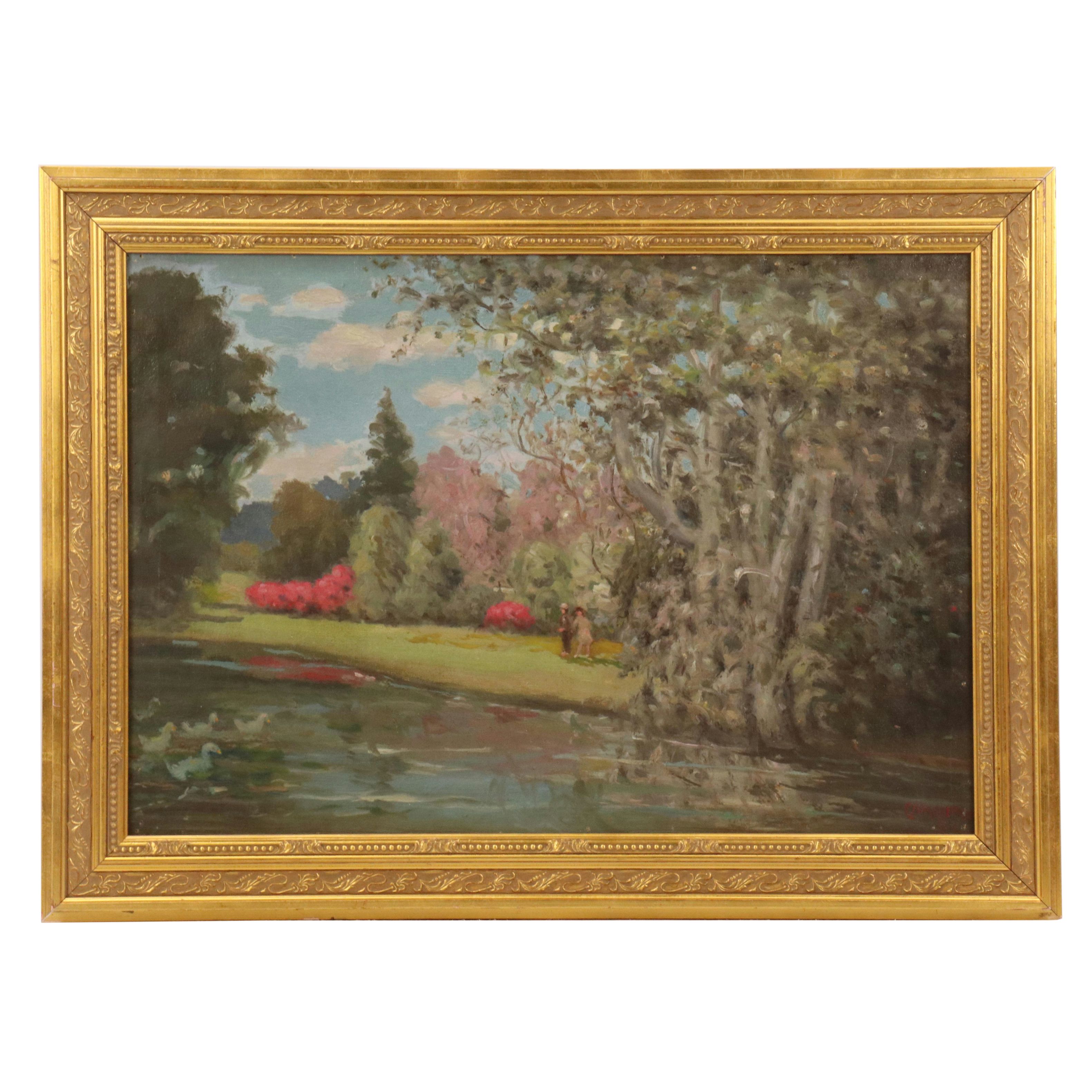 Charles Alfred Meurer Landscape Oil Painting "Ducks on Pond," 1941