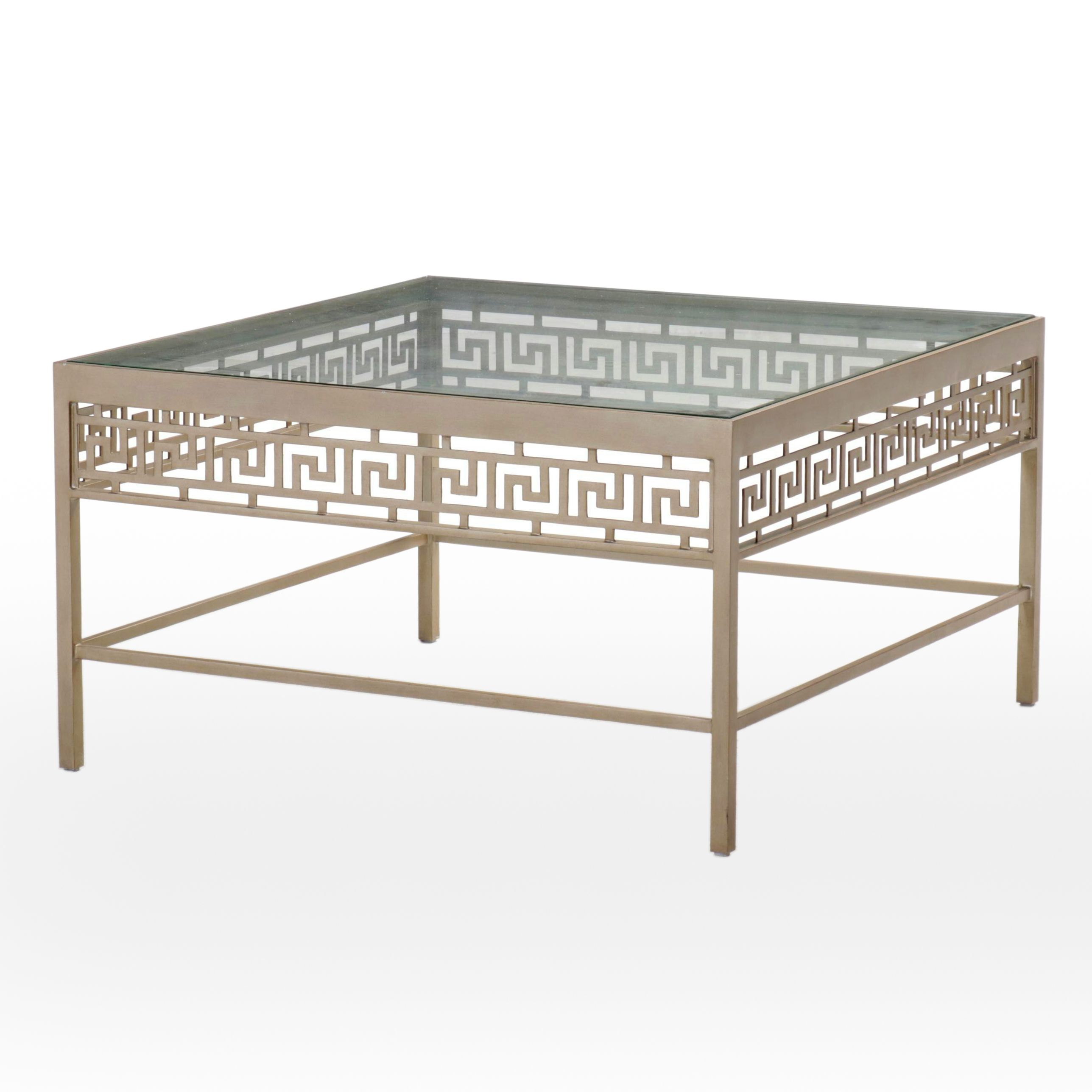 Hollywood Regency Style Metal Glass Top Coffee Table Greek Key Motif