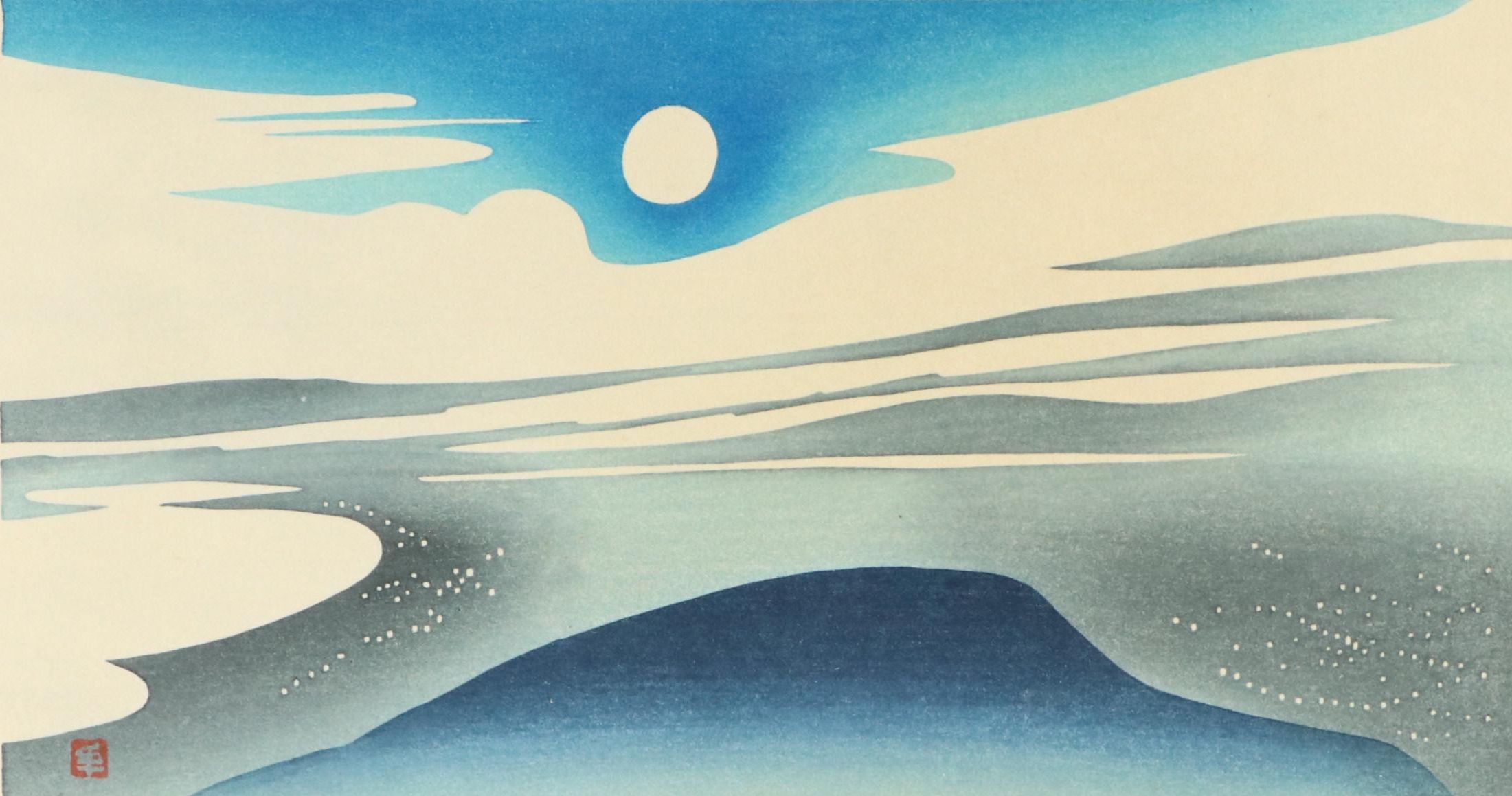 Toshijiro Inagaki Woodblock of Evening Sky with Full Moon, Circa 1948