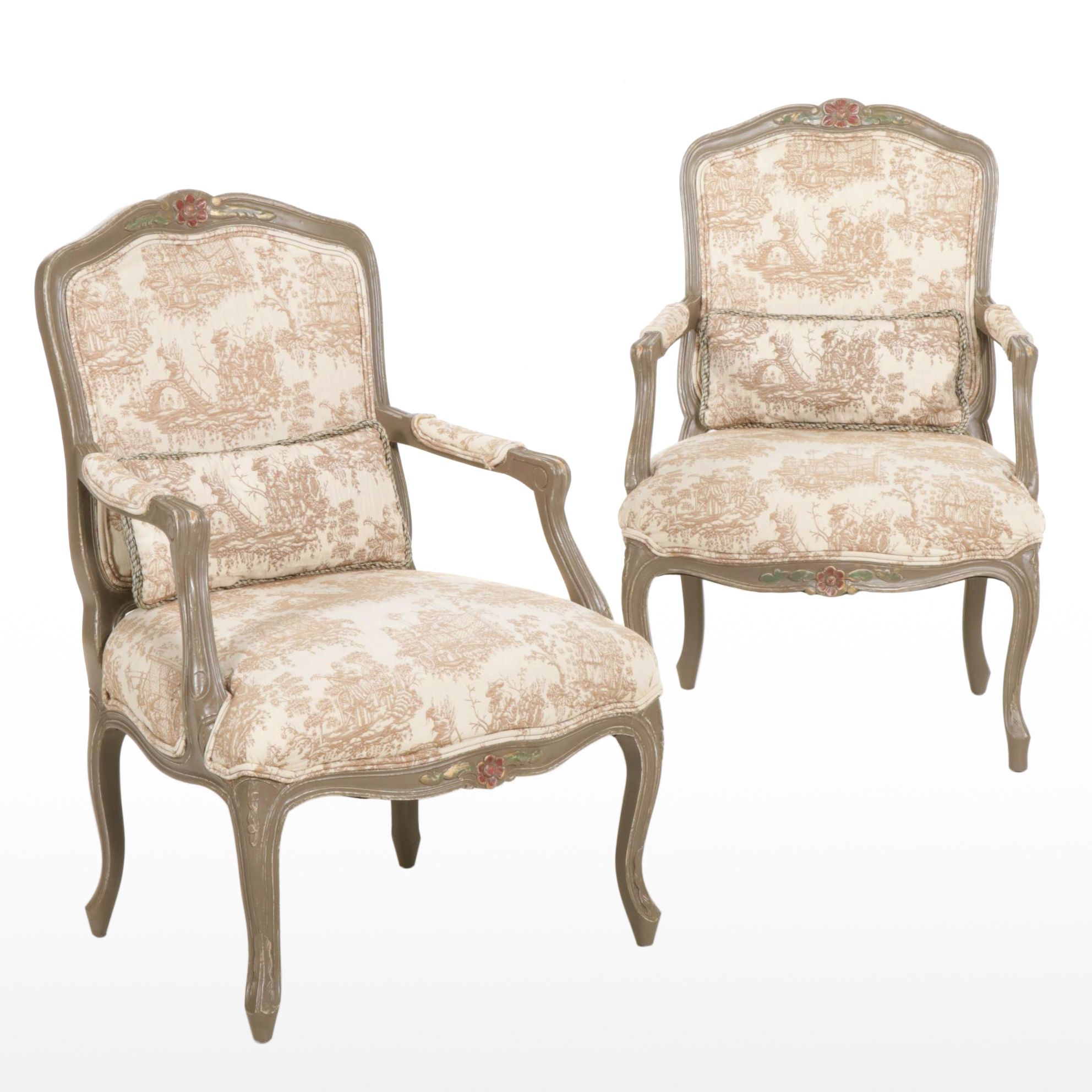 Louis XV Painted Upholstered Armchairs, Pair