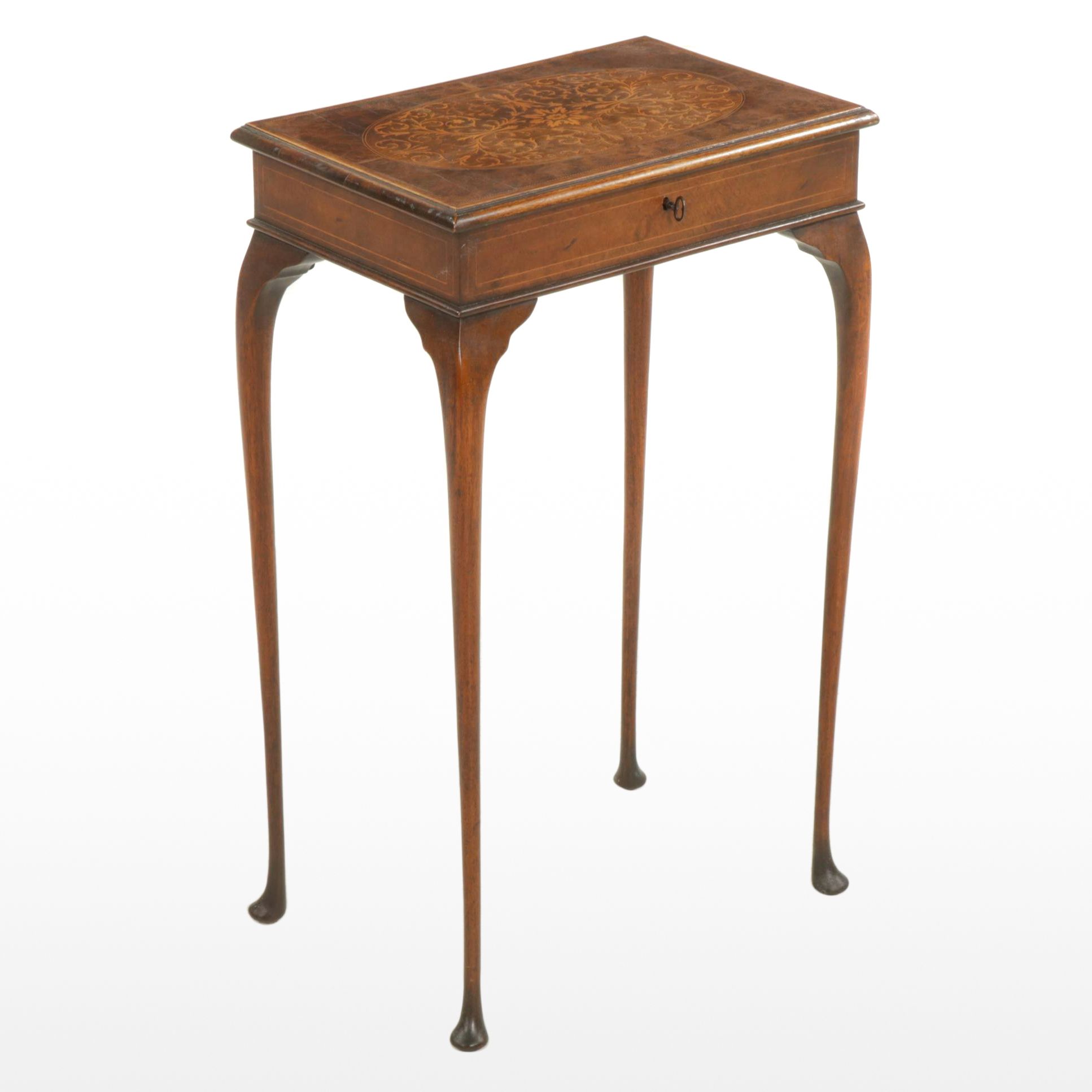 Queen Anne Style Jewelry Table with Marquetry and Burl Wood Top