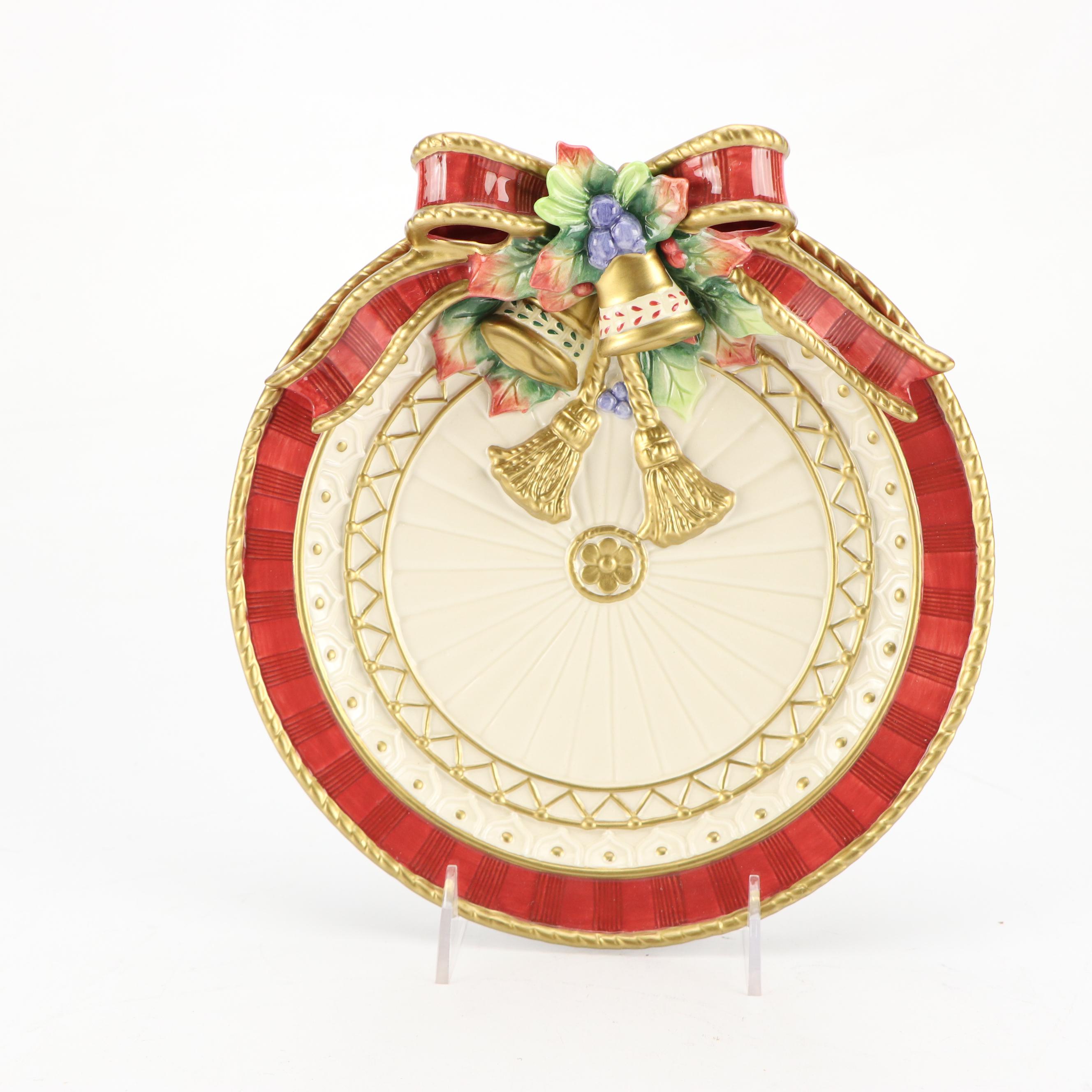 Fitz & Floyd Christmas Themed Ceramic Pitcher, Bell, Box and Decorative Plate