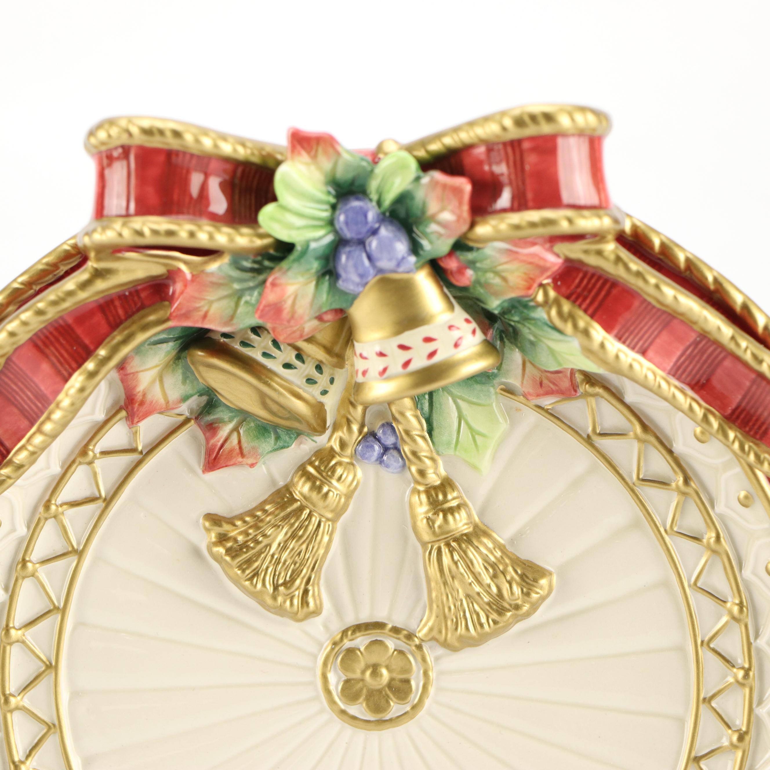 Fitz & Floyd Christmas Themed Ceramic Pitcher, Bell, Box and Decorative Plate