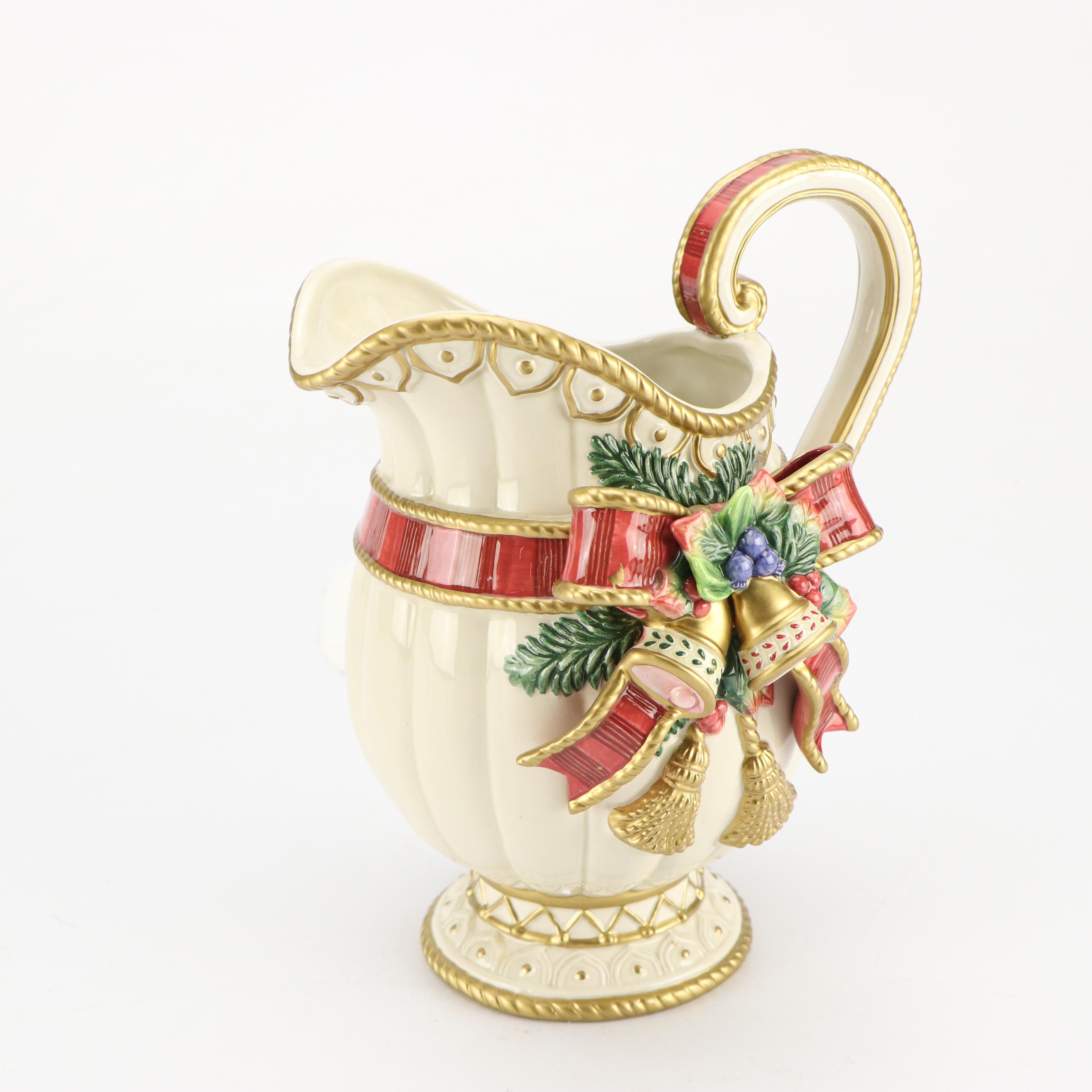 Fitz & Floyd Christmas Themed Ceramic Pitcher, Bell, Box and Decorative Plate