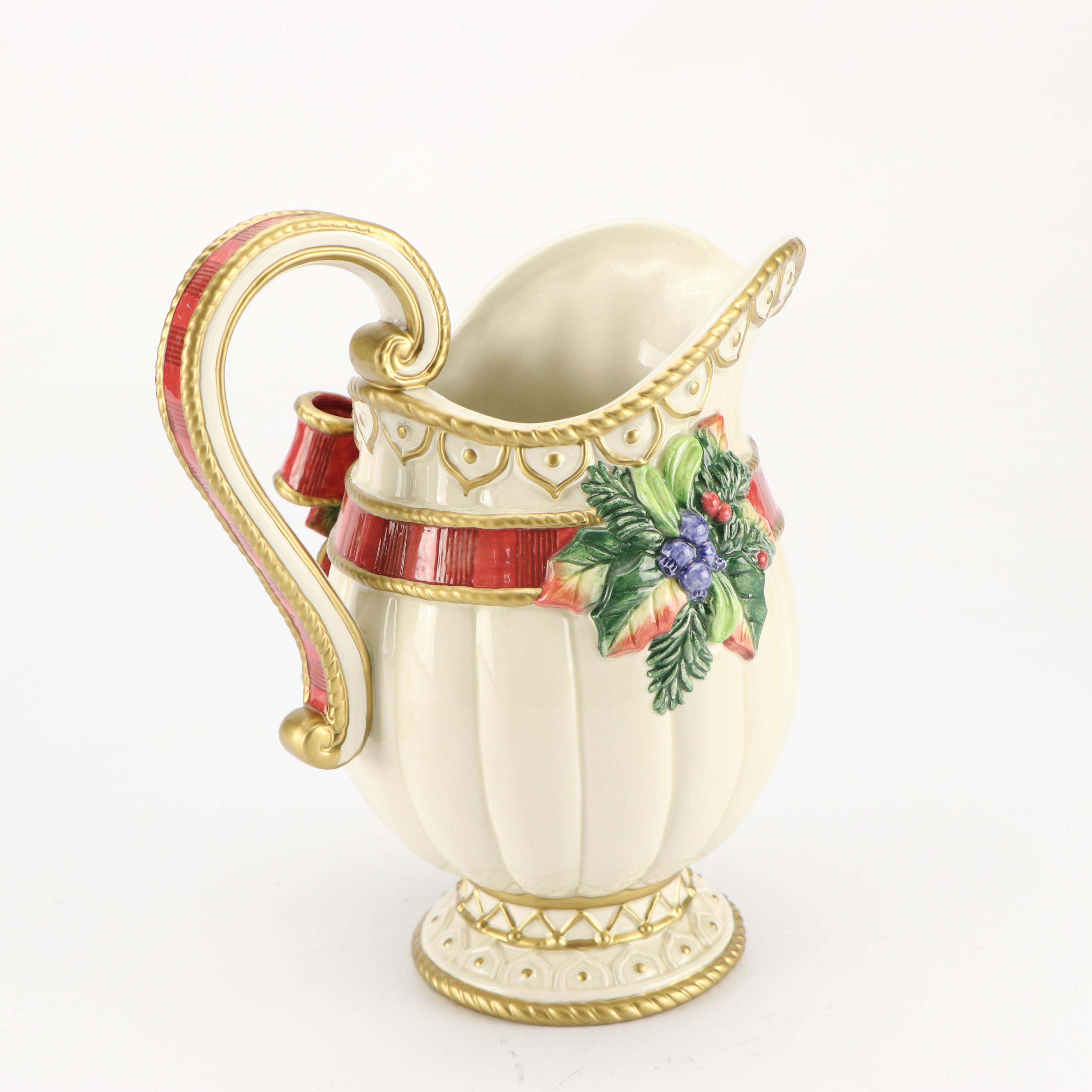 Fitz & Floyd Christmas Themed Ceramic Pitcher, Bell, Box and Decorative Plate