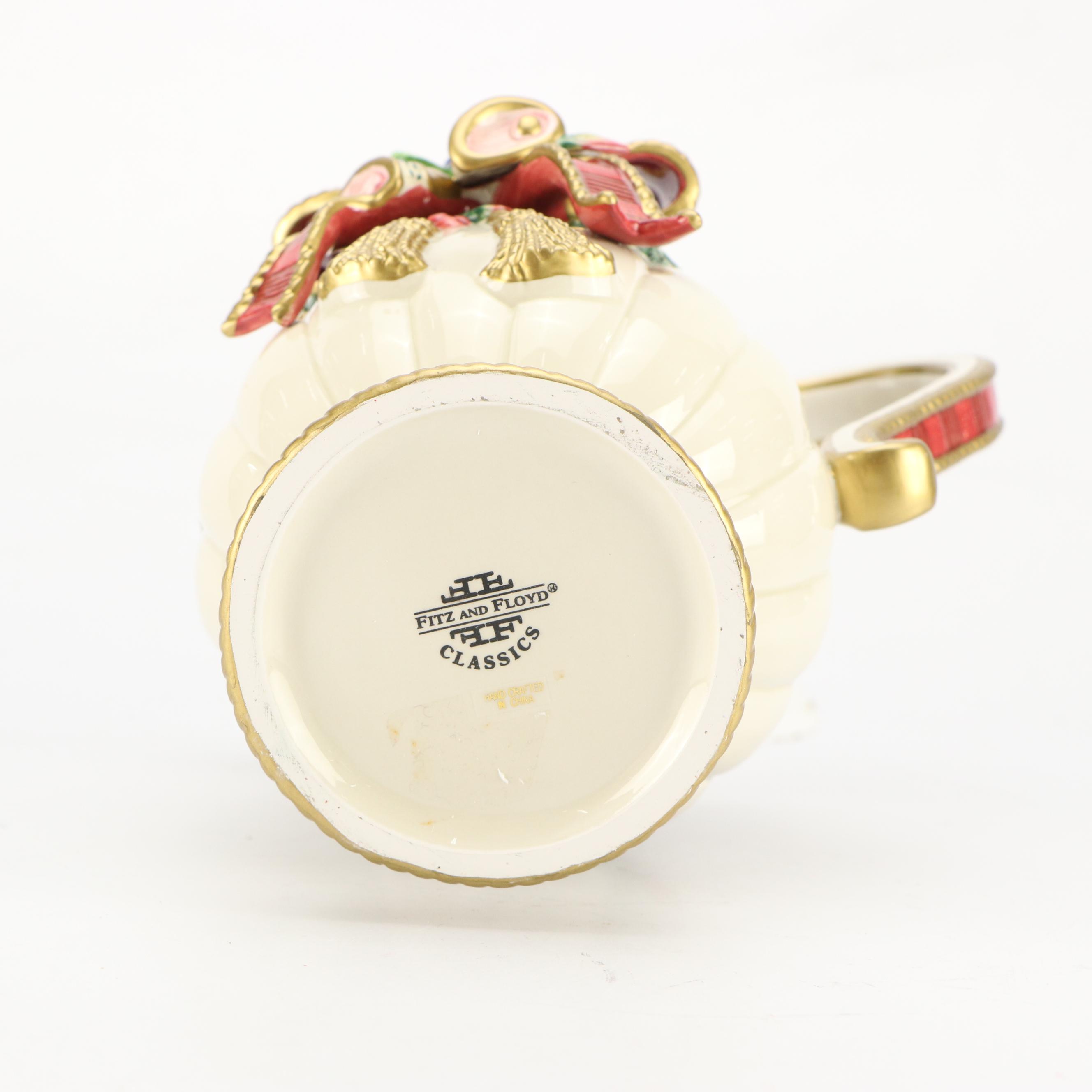 Fitz & Floyd Christmas Themed Ceramic Pitcher, Bell, Box and Decorative Plate