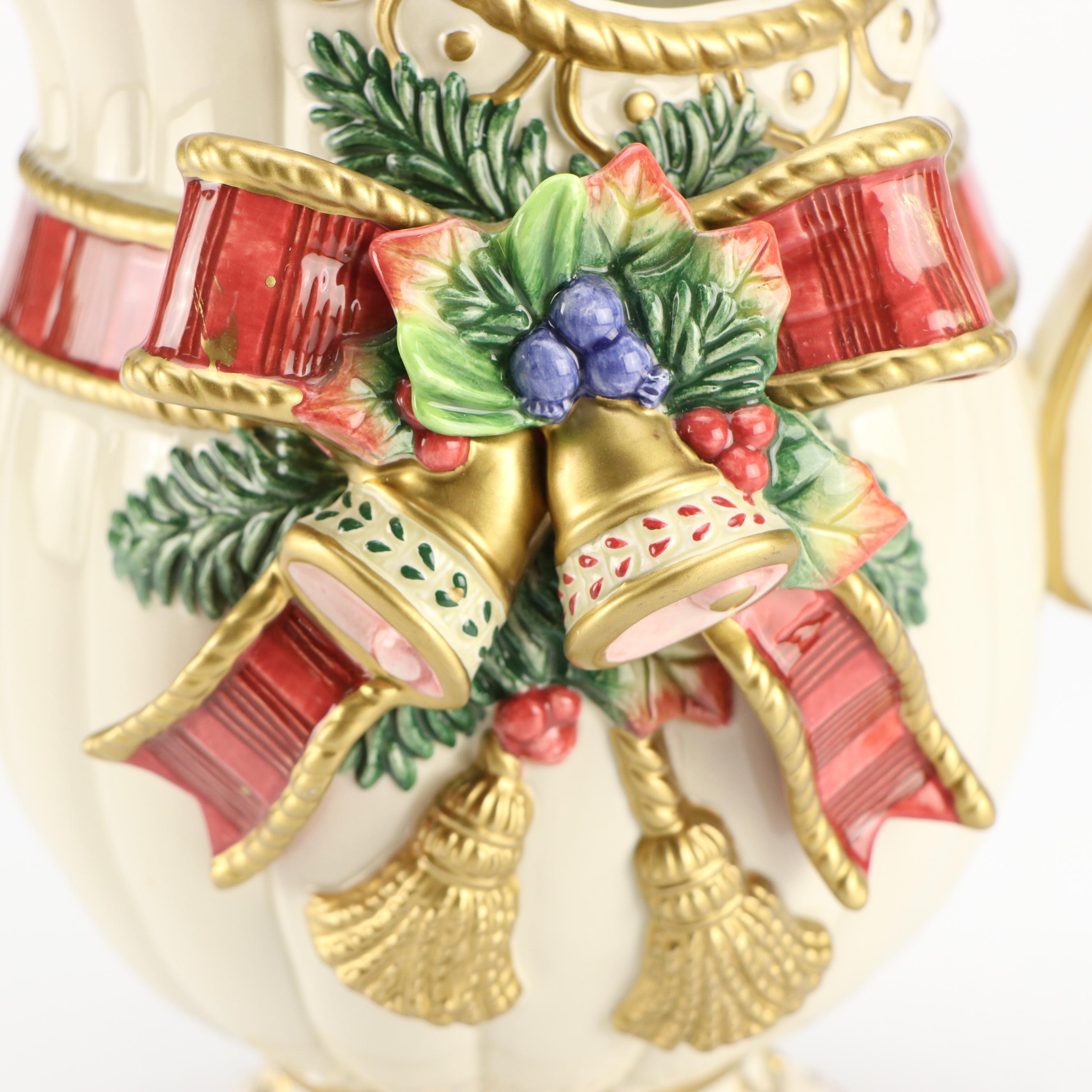 Fitz & Floyd Christmas Themed Ceramic Pitcher, Bell, Box and Decorative Plate