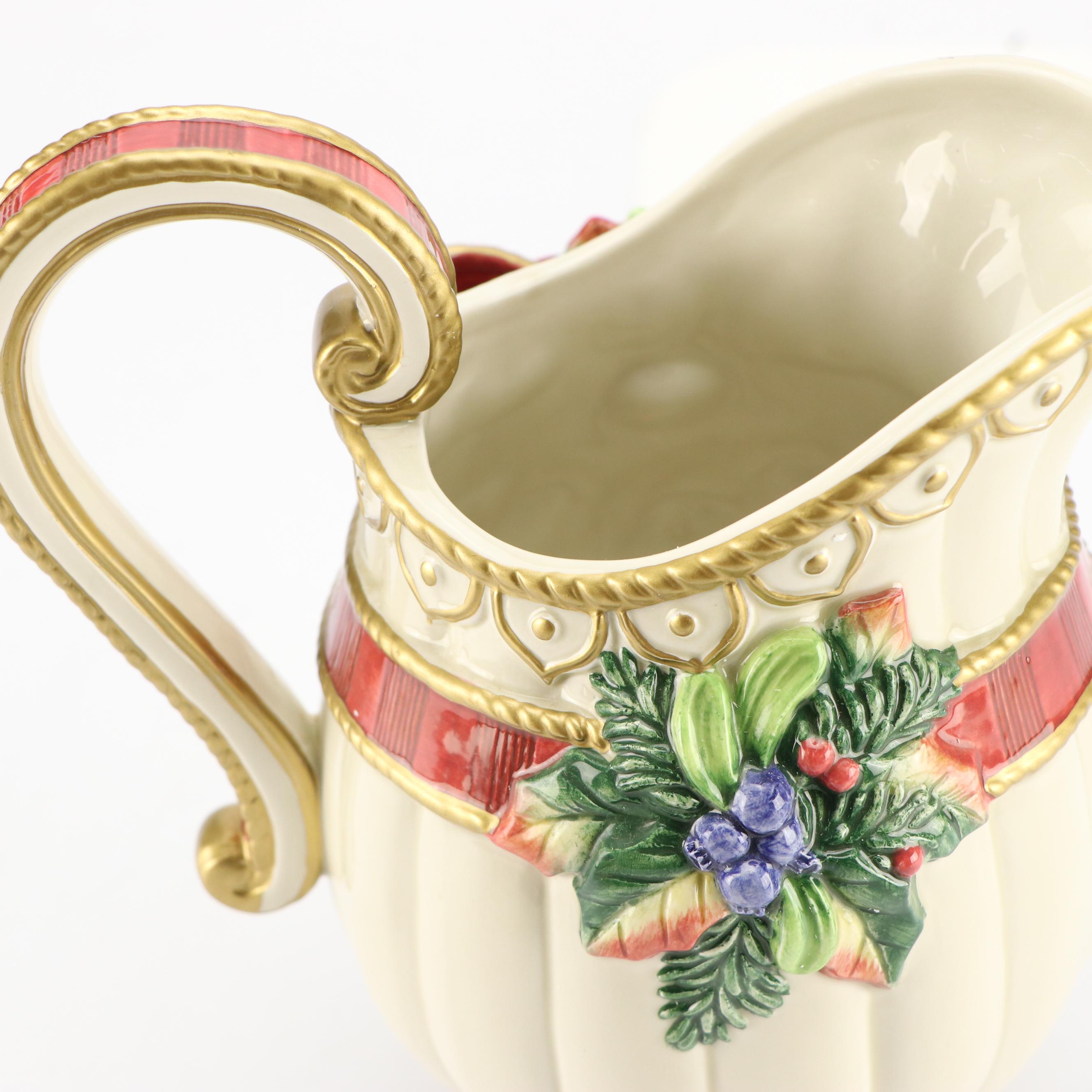 Fitz & Floyd Christmas Themed Ceramic Pitcher, Bell, Box and Decorative Plate