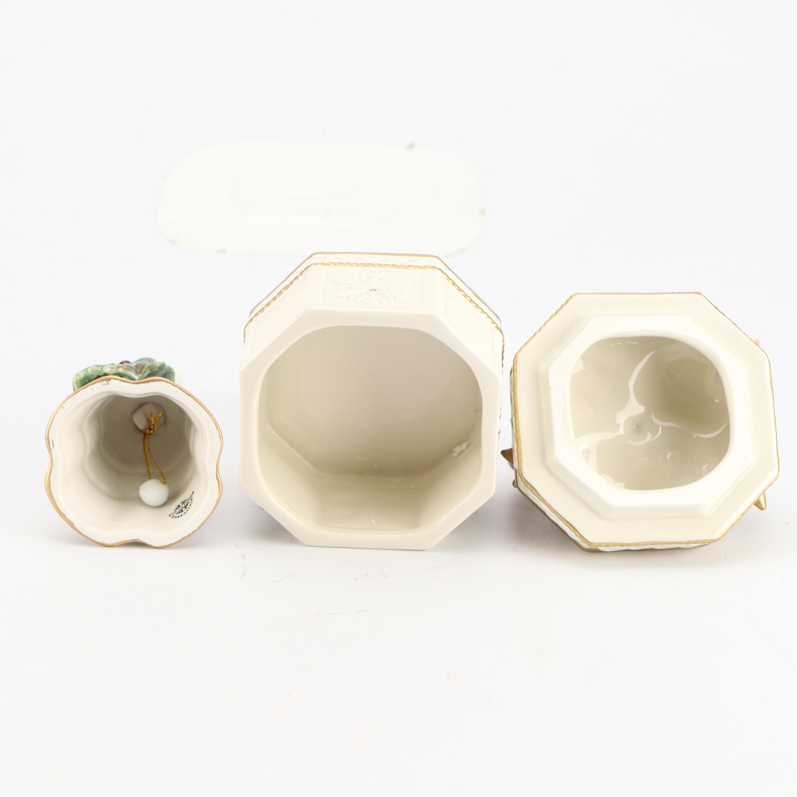 Fitz & Floyd Christmas Themed Ceramic Pitcher, Bell, Box and Decorative Plate