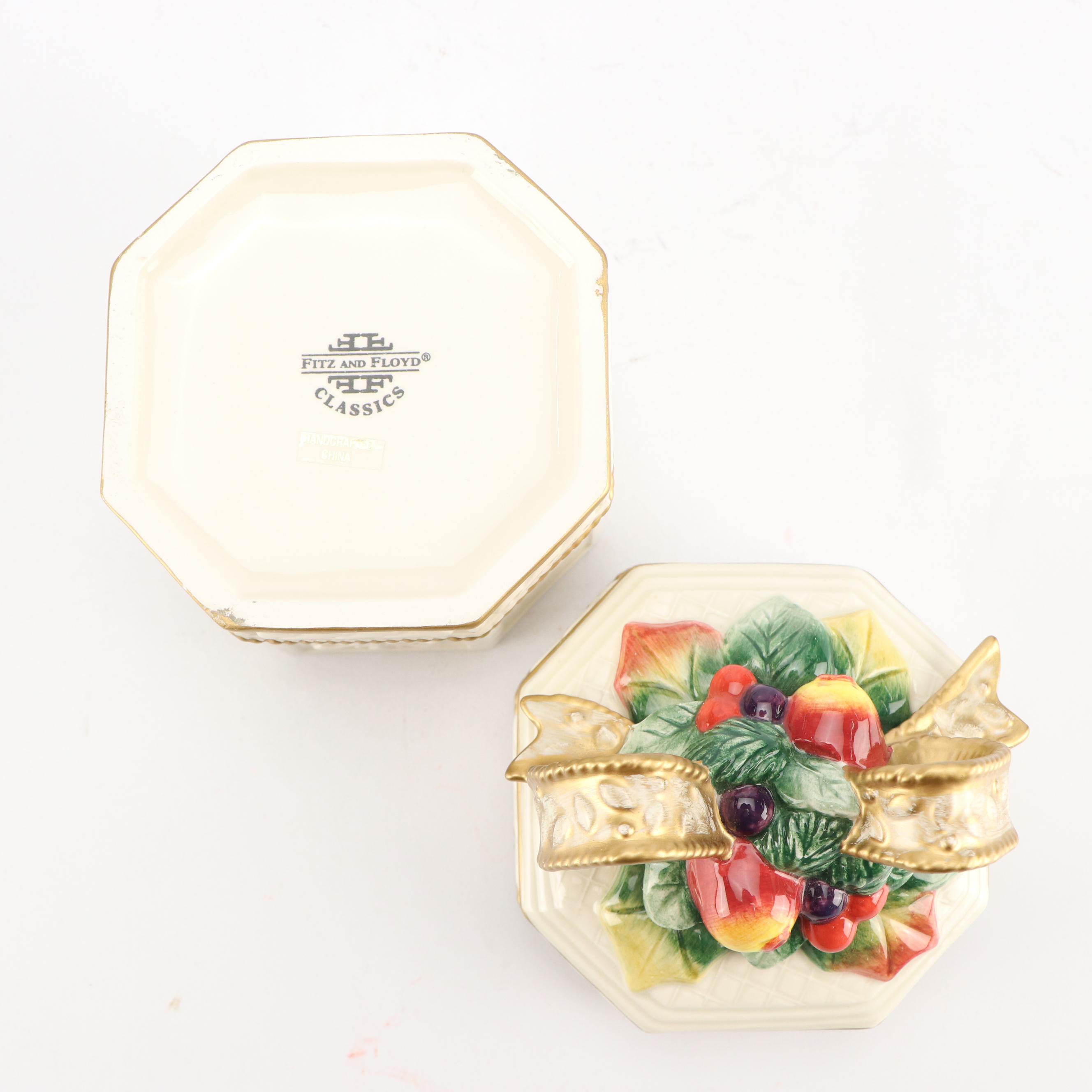 Fitz & Floyd Christmas Themed Ceramic Pitcher, Bell, Box and Decorative Plate