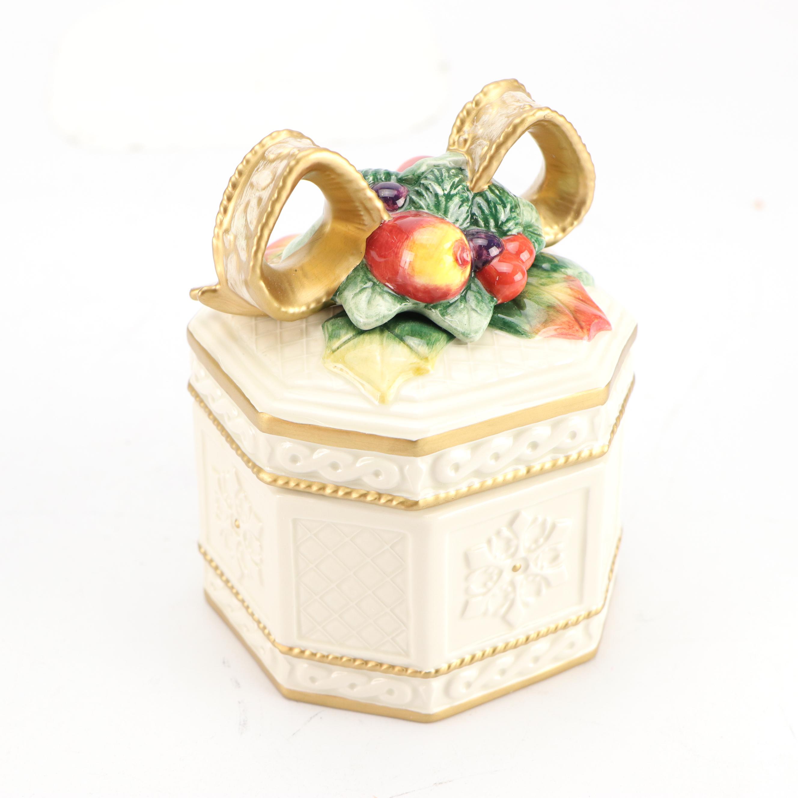 Fitz & Floyd Christmas Themed Ceramic Pitcher, Bell, Box and Decorative Plate