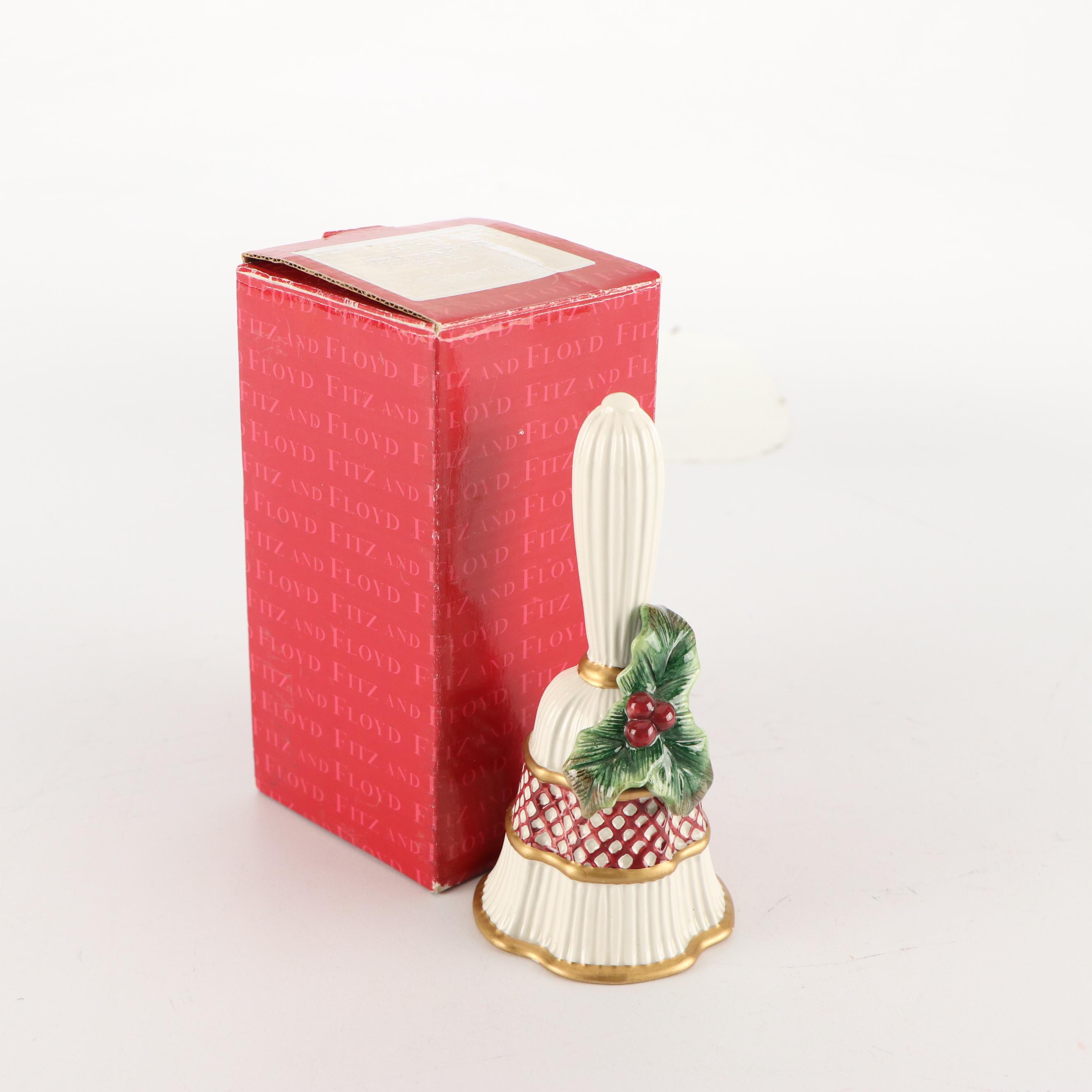 Fitz & Floyd Christmas Themed Ceramic Pitcher, Bell, Box and Decorative Plate