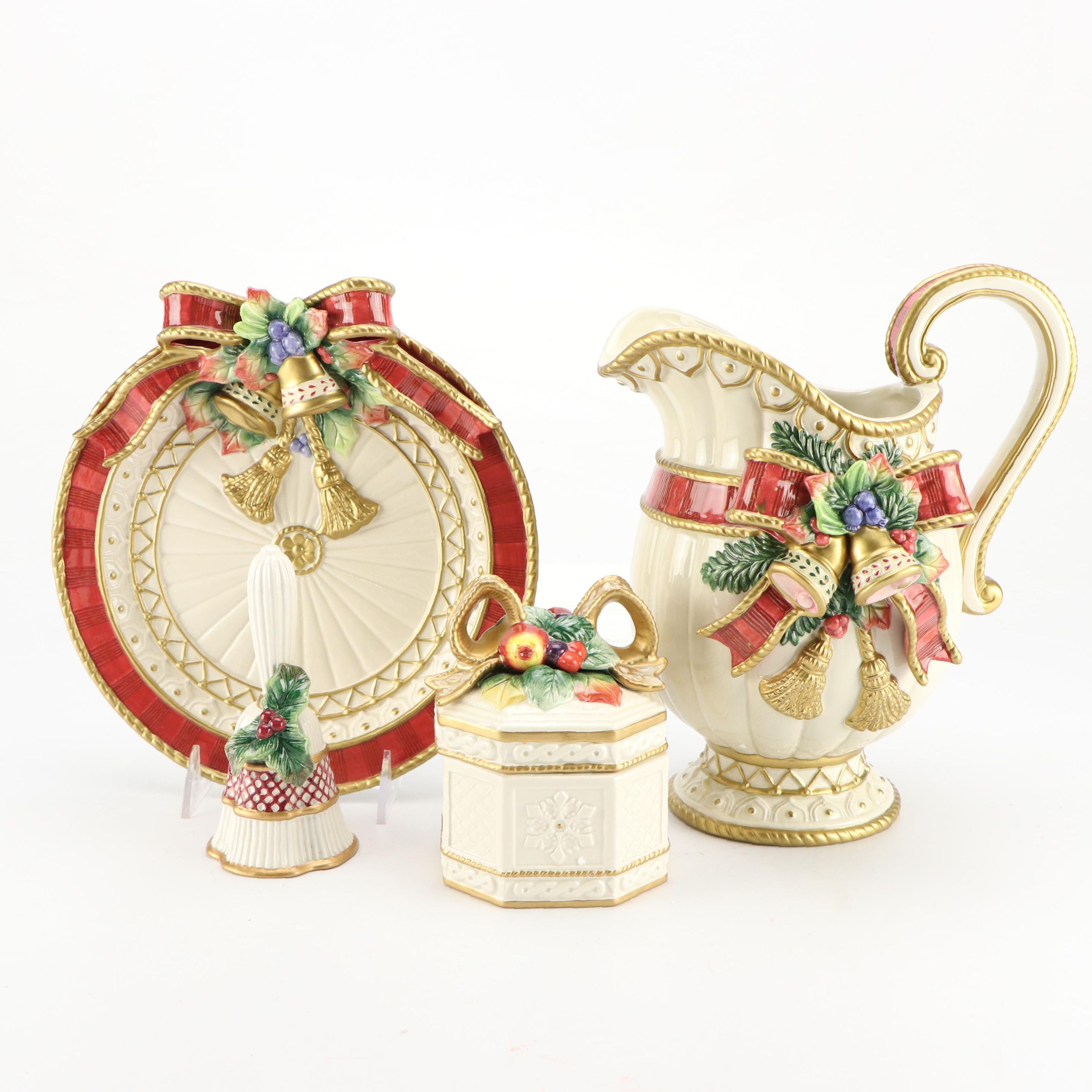 Fitz & Floyd Christmas Themed Ceramic Pitcher, Bell, Box and Decorative Plate