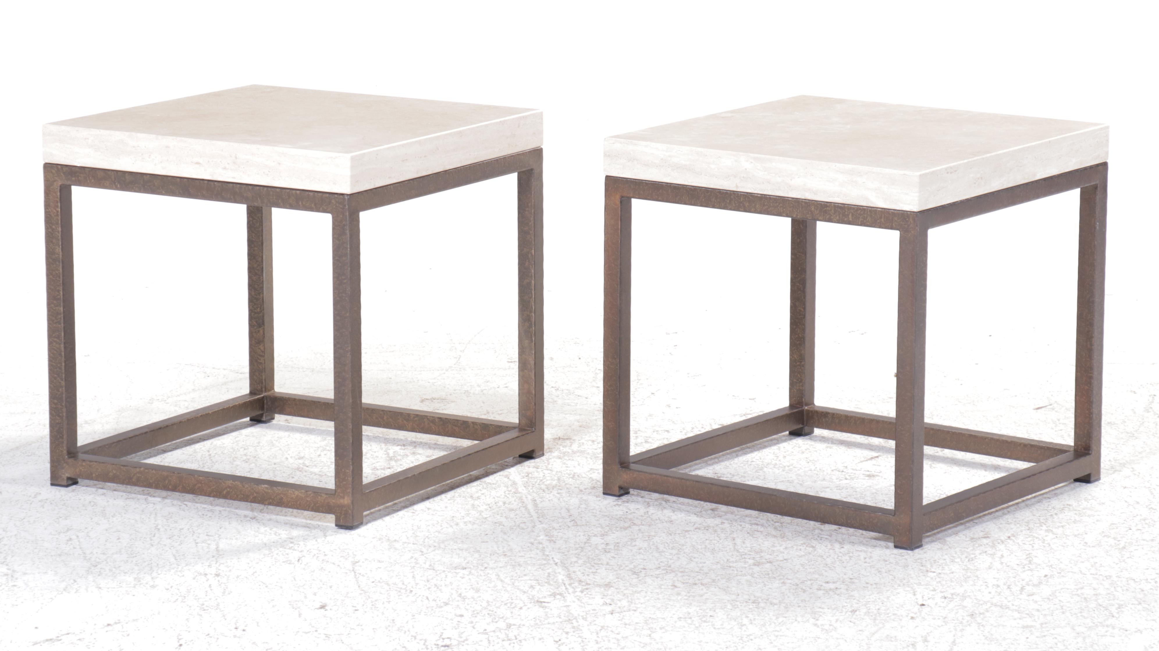 Pair of Square Limestone Top End Tables