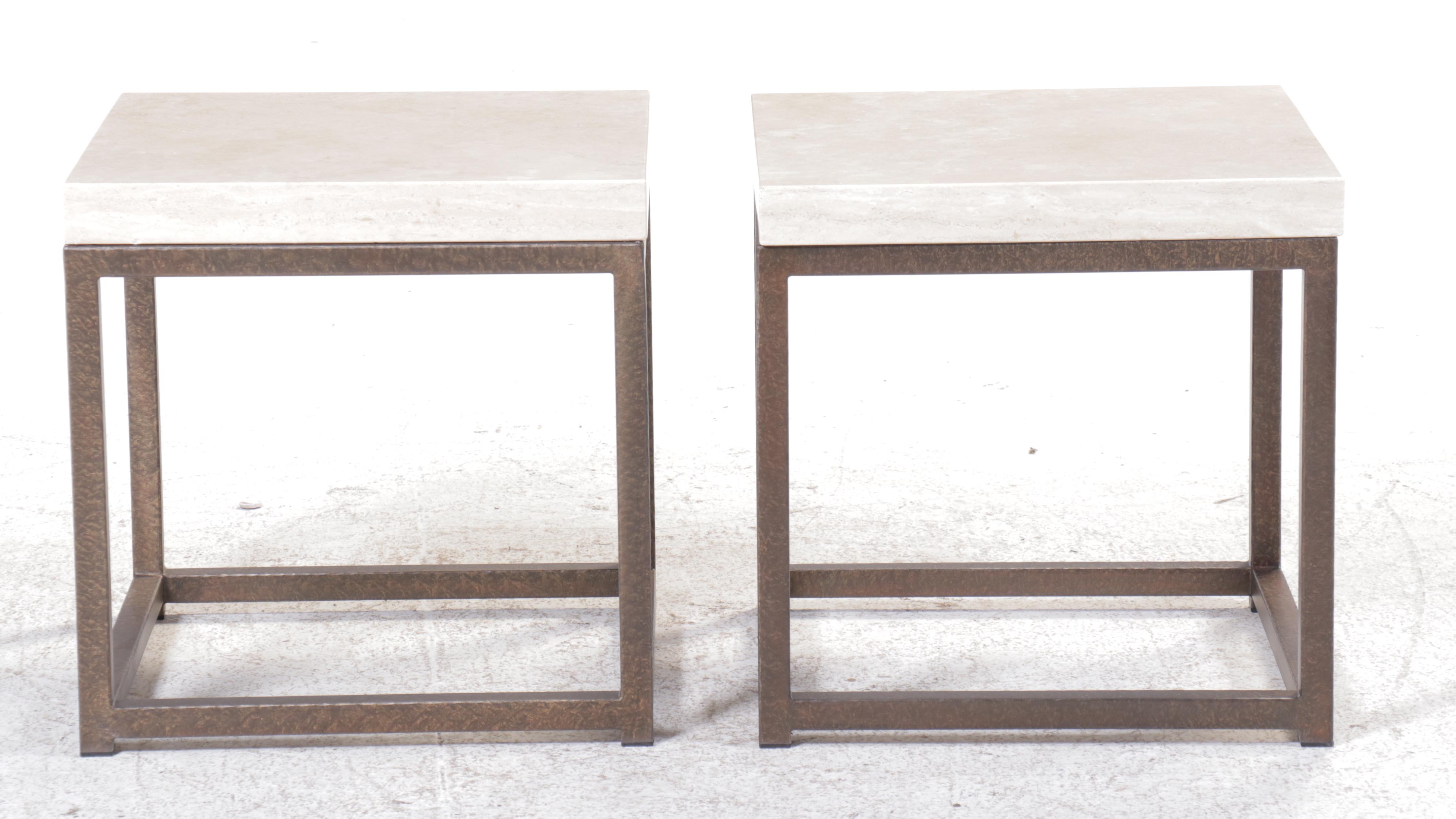 Pair of Square Limestone Top End Tables