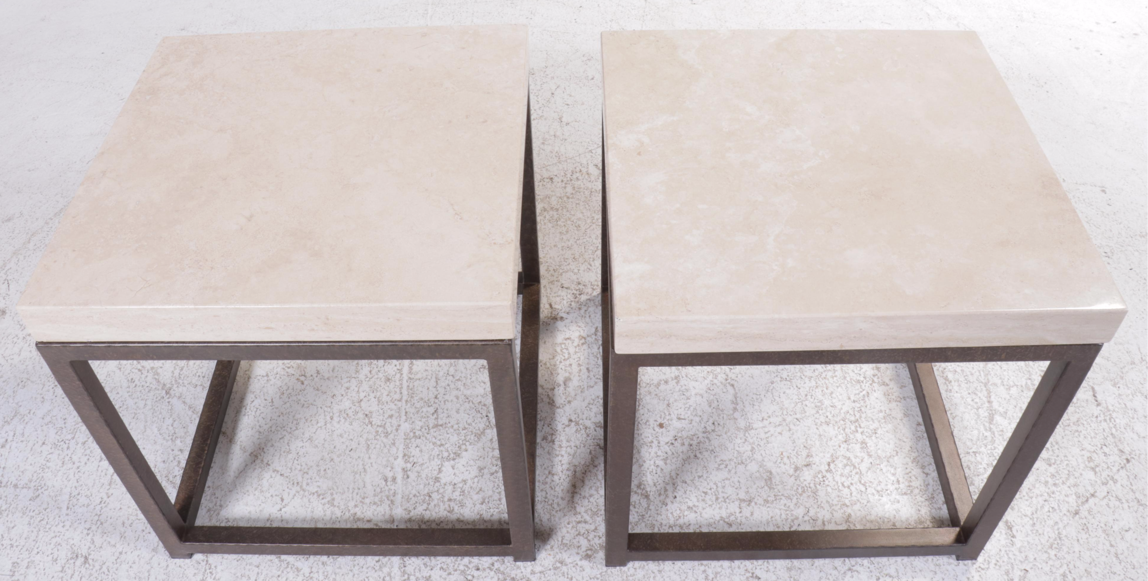 Pair of Square Limestone Top End Tables