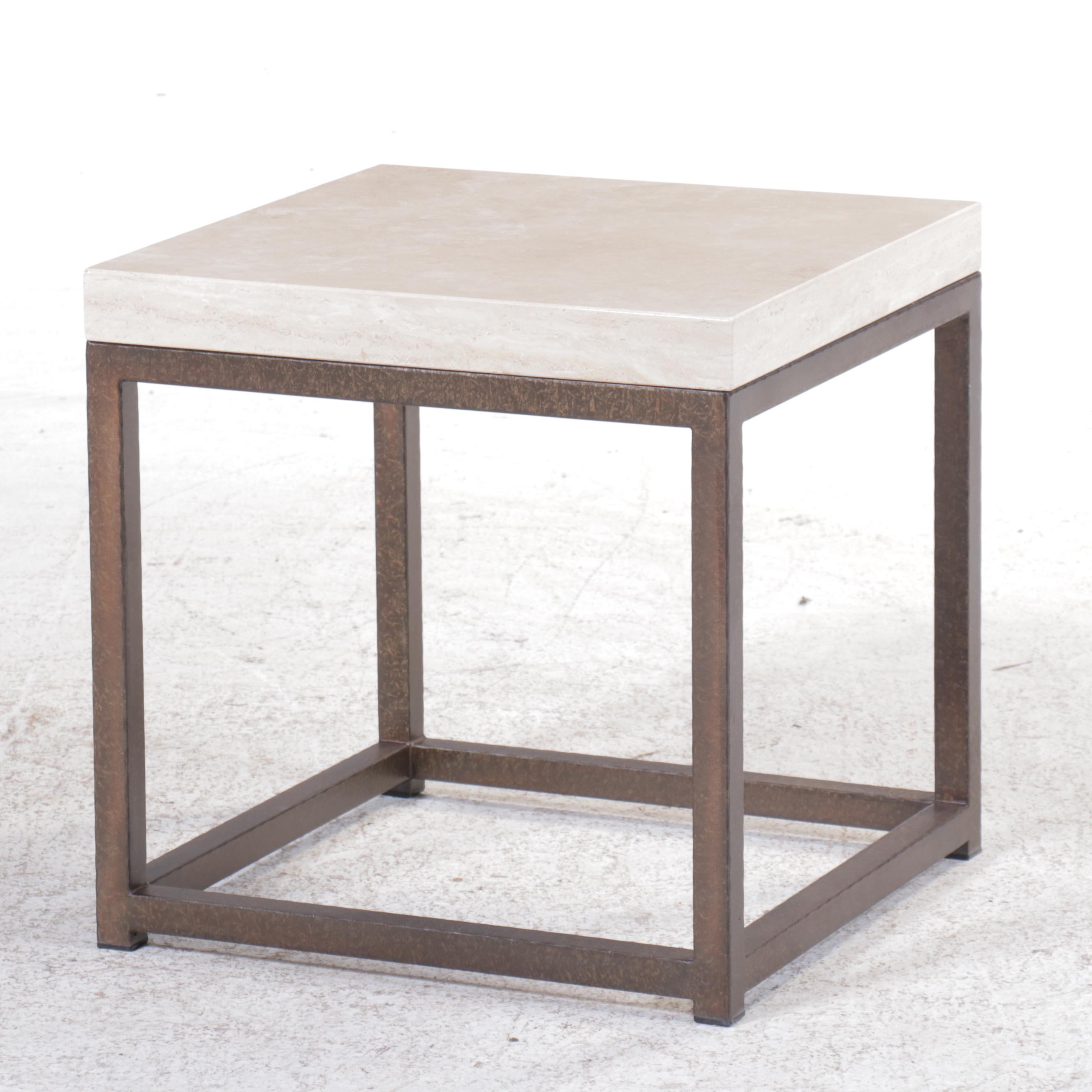 Pair of Square Limestone Top End Tables