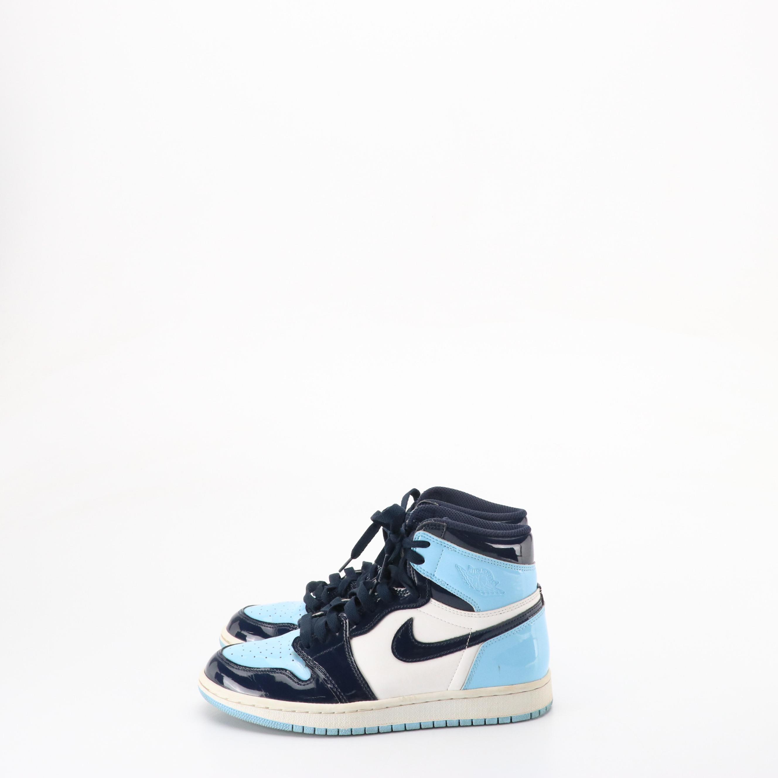 Nike Air Jordan 1 Retro High Top Sneakers in UNC "Blue Chill" Patent Leather