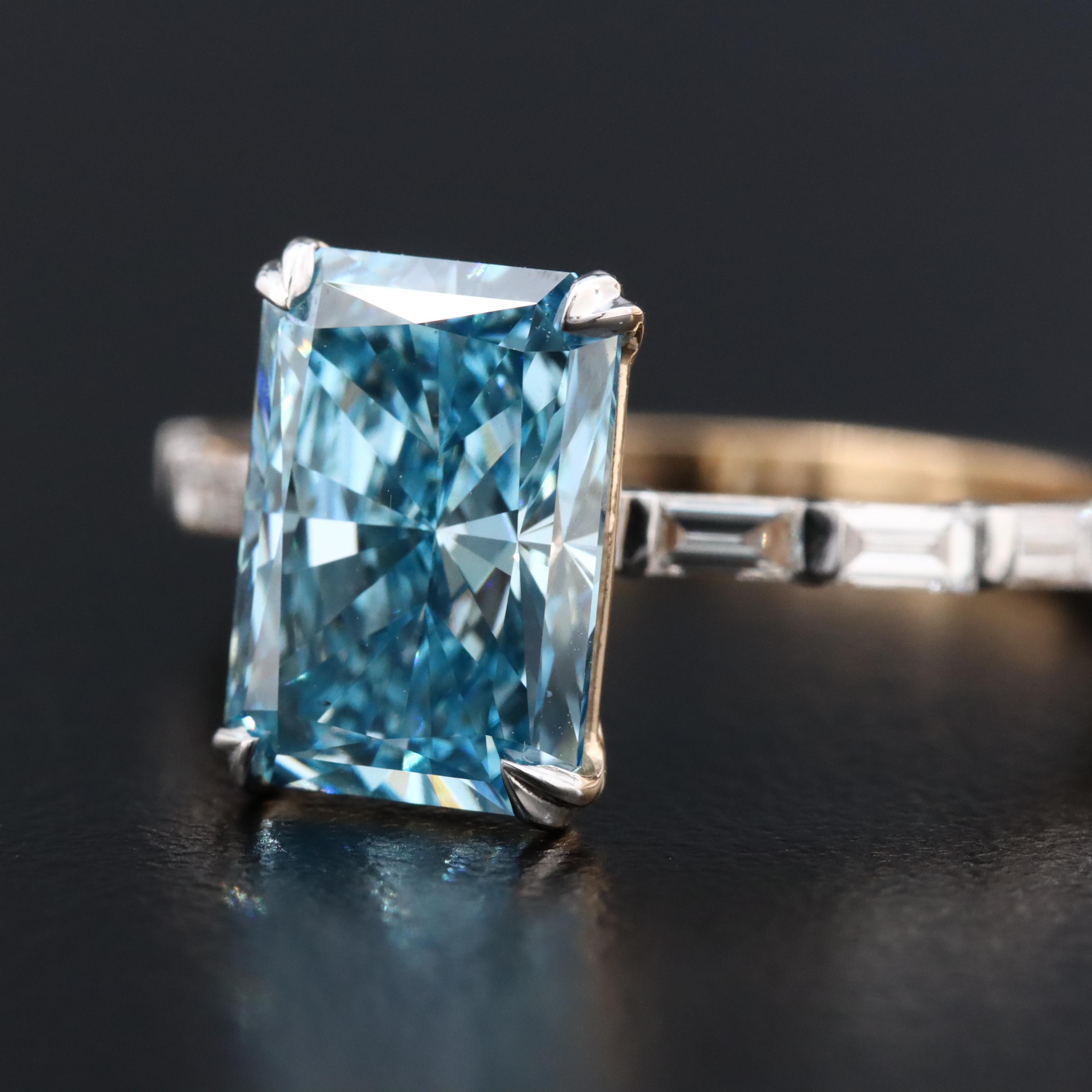 14K 3.38 CTW Lab Grown Diamond Ring with Fancy Blue Center and IGI Report