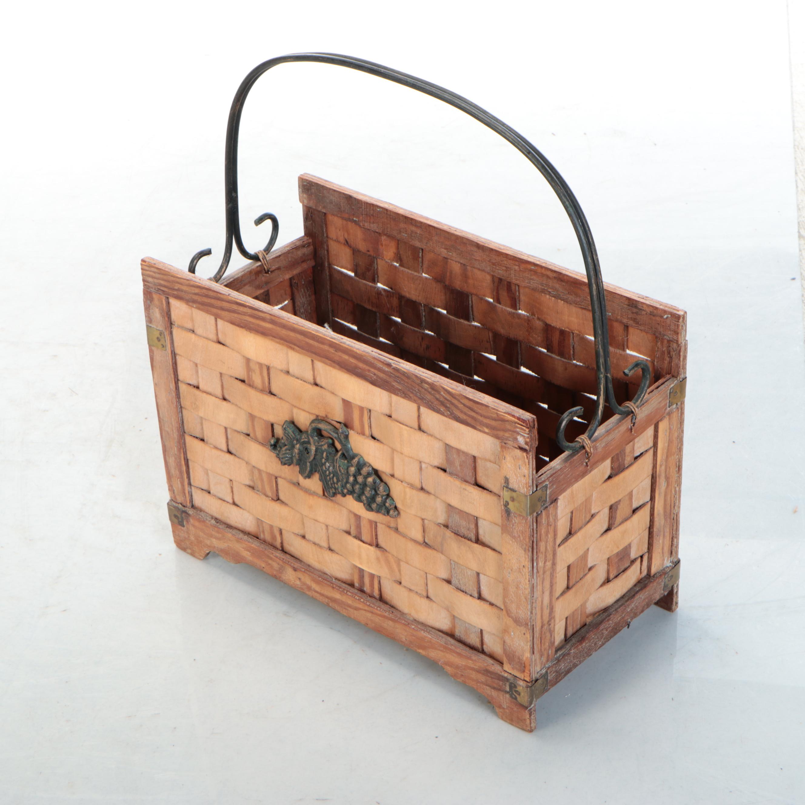 Regency Style Metal Planter on Stand with Woven Split Wood Magazine Rack