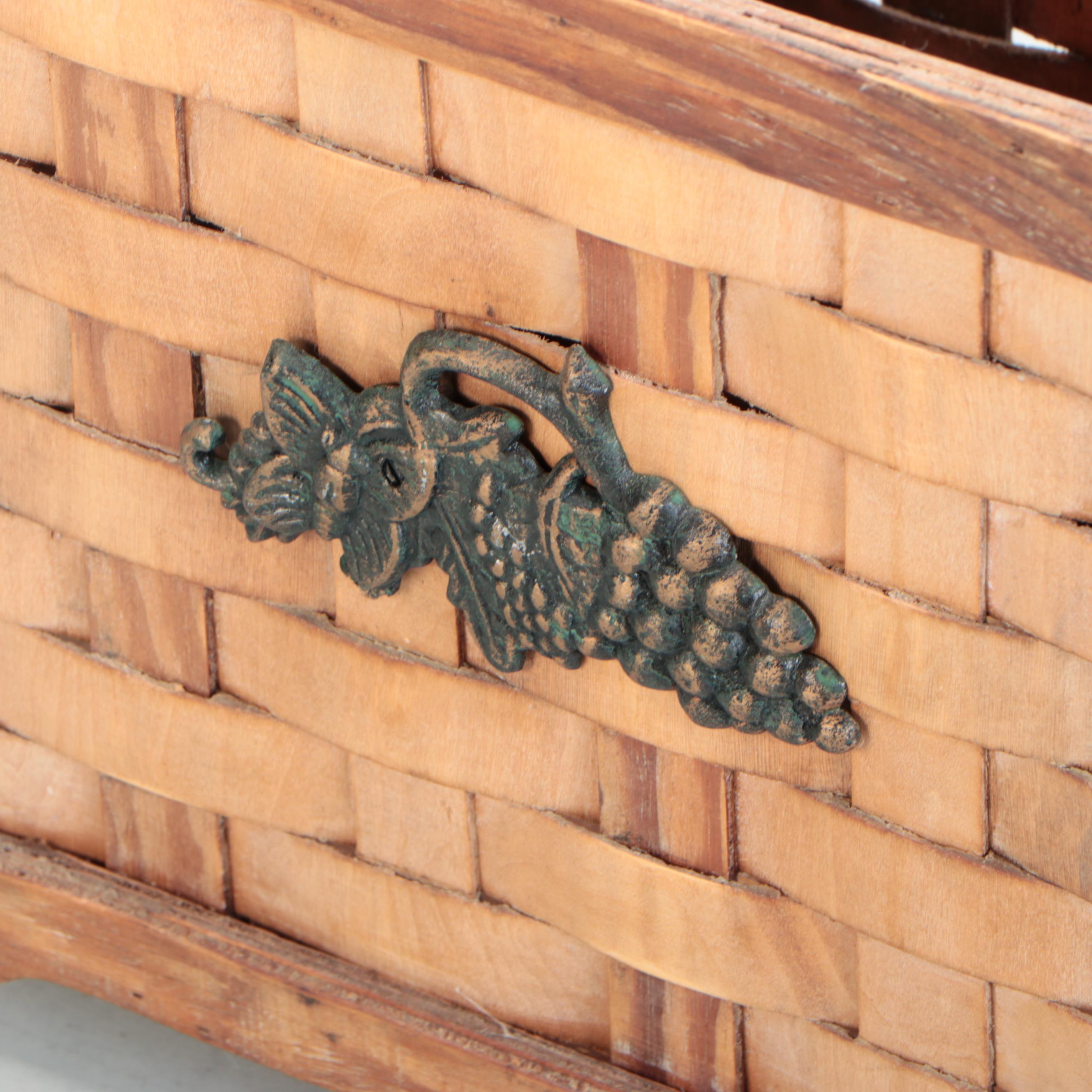 Regency Style Metal Planter on Stand with Woven Split Wood Magazine Rack