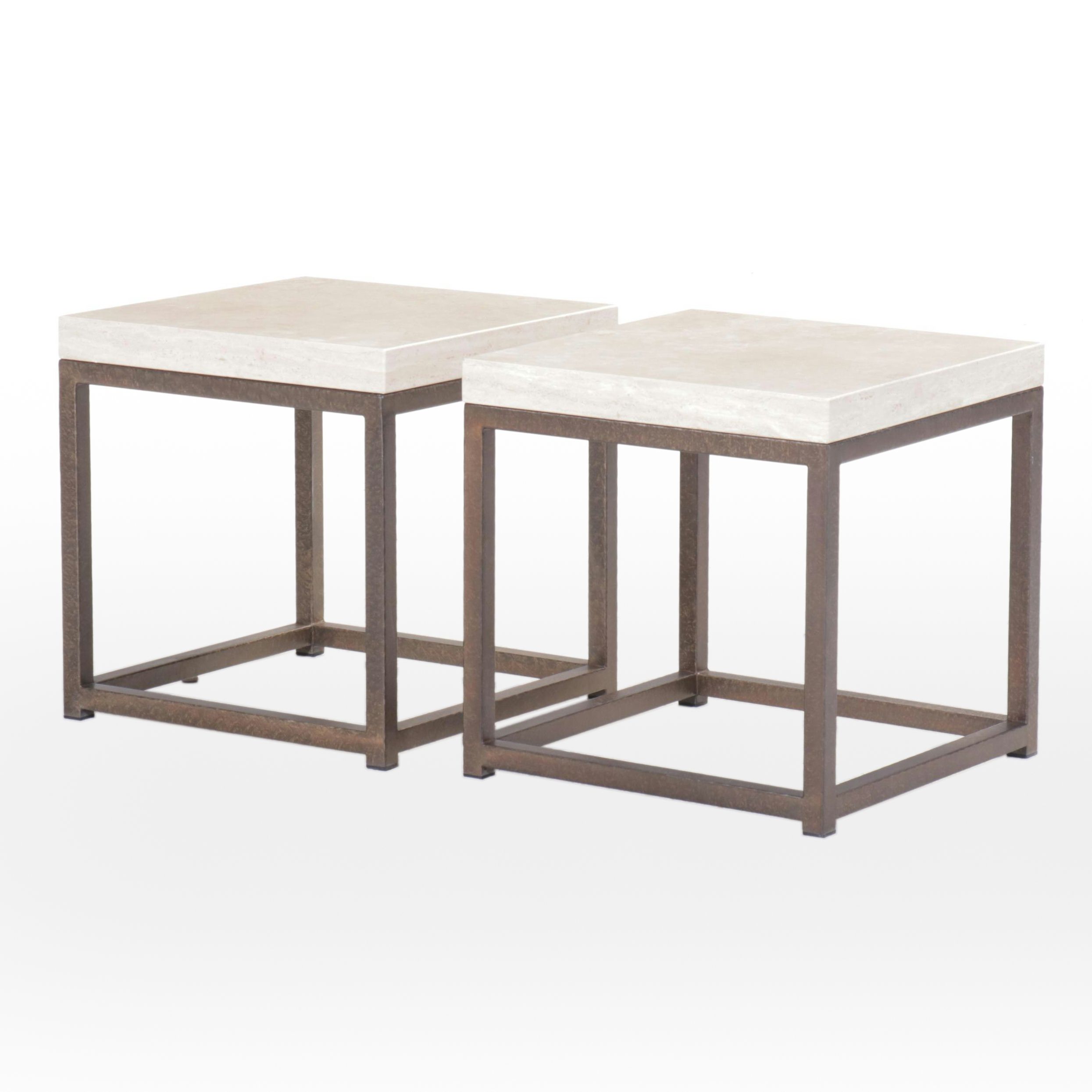 Pair of Square Limestone Top End Tables
