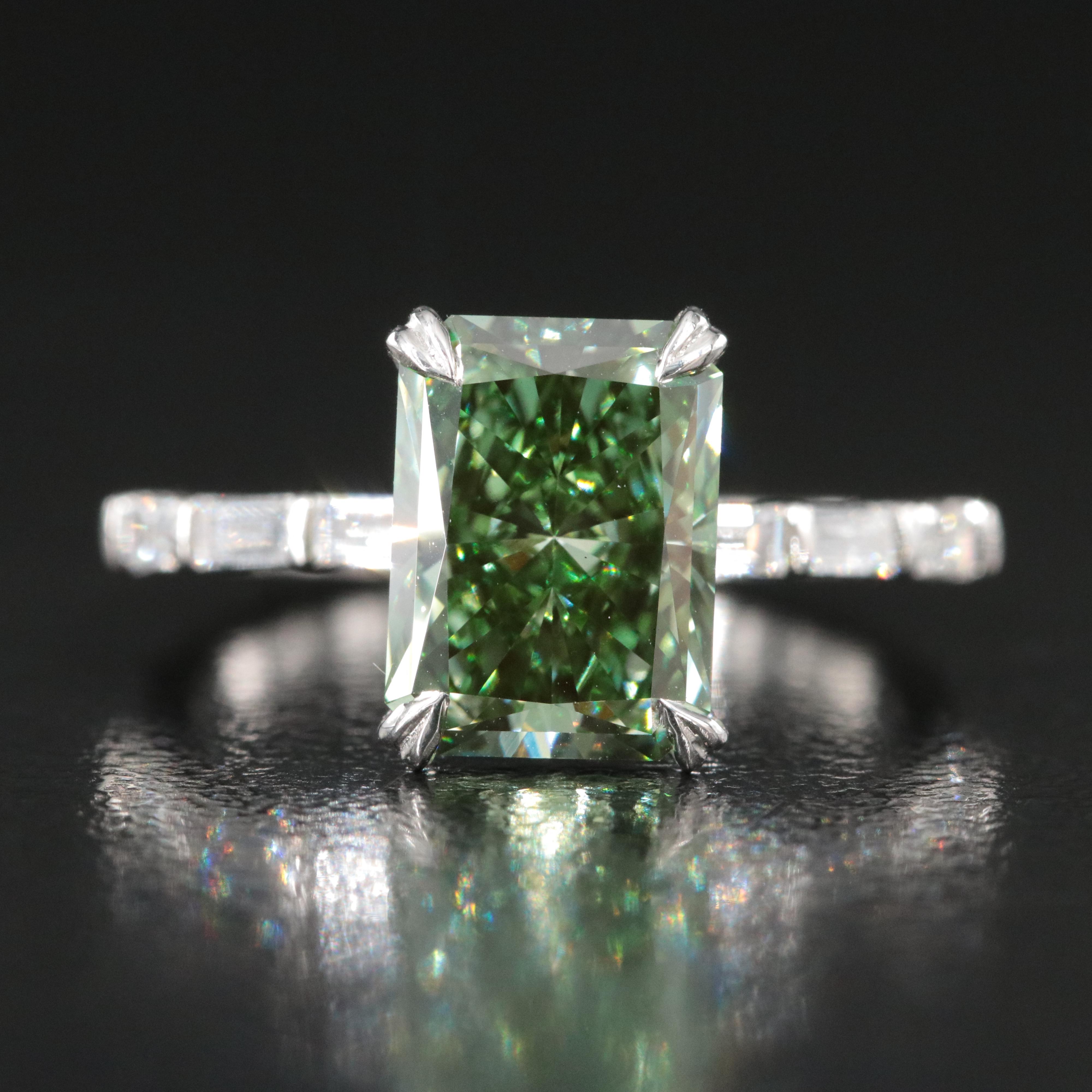 Platinum 3.38 CTW Lab Grown Diamond Ring with Fancy Green Center and IGI Report