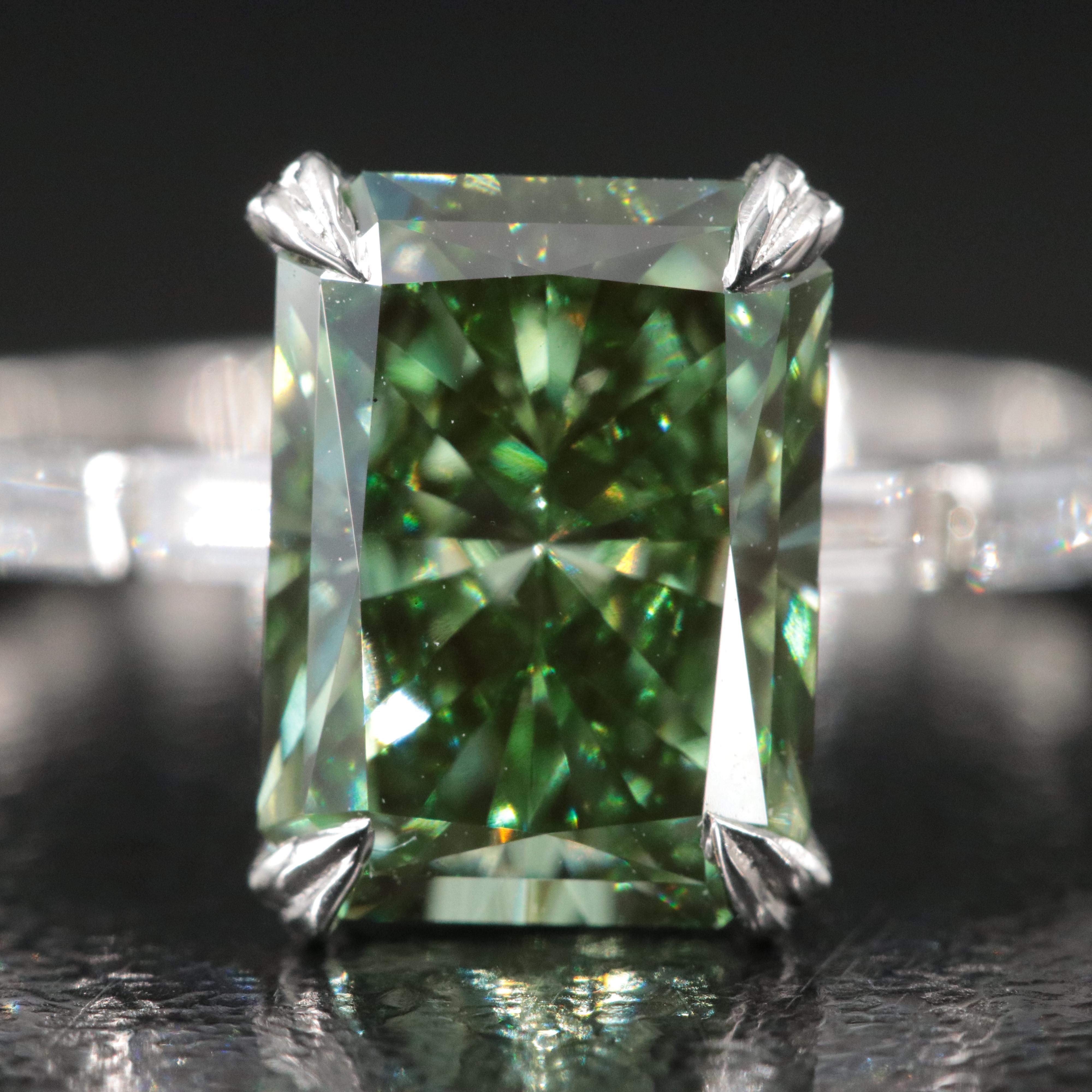 Platinum 3.38 CTW Lab Grown Diamond Ring with Fancy Green Center and IGI Report