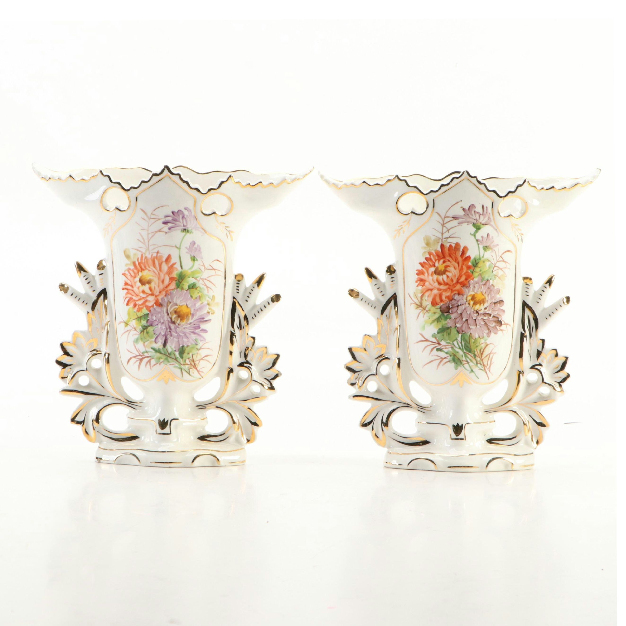 Pair of RR Brazilian Ceramic Victorian Style Vases, Mid to Late 20th Century