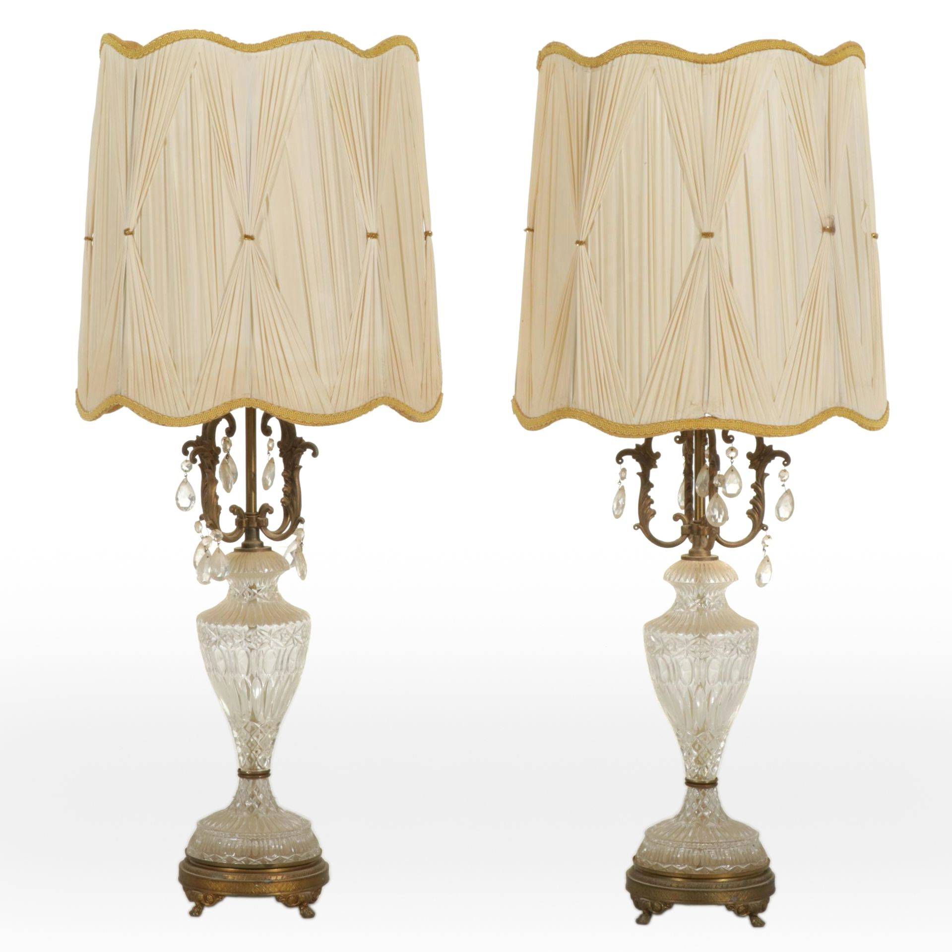 Hollywood Regency Glass & Brass Table Lamps with Custom Drum Shades, Vintage
