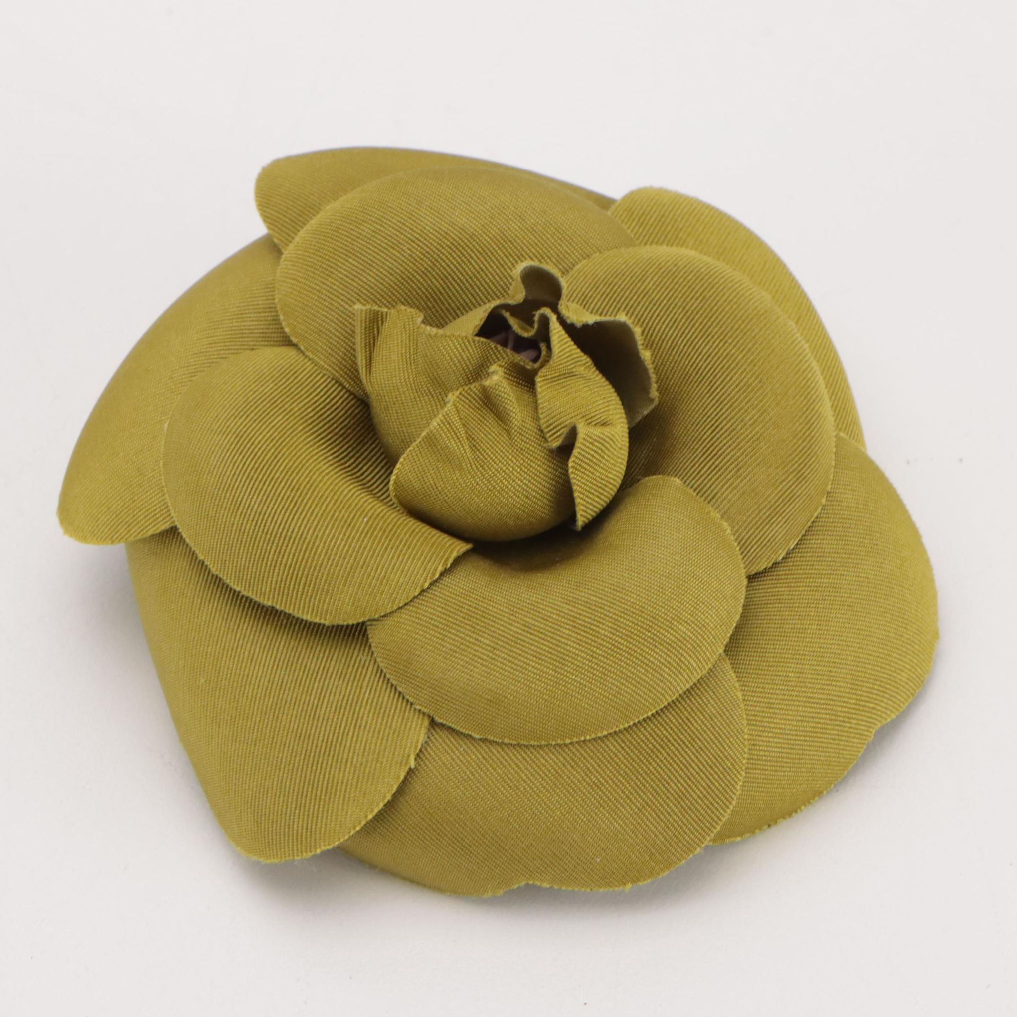Chanel Camellia Flower Brooch in Olive Silk Faille