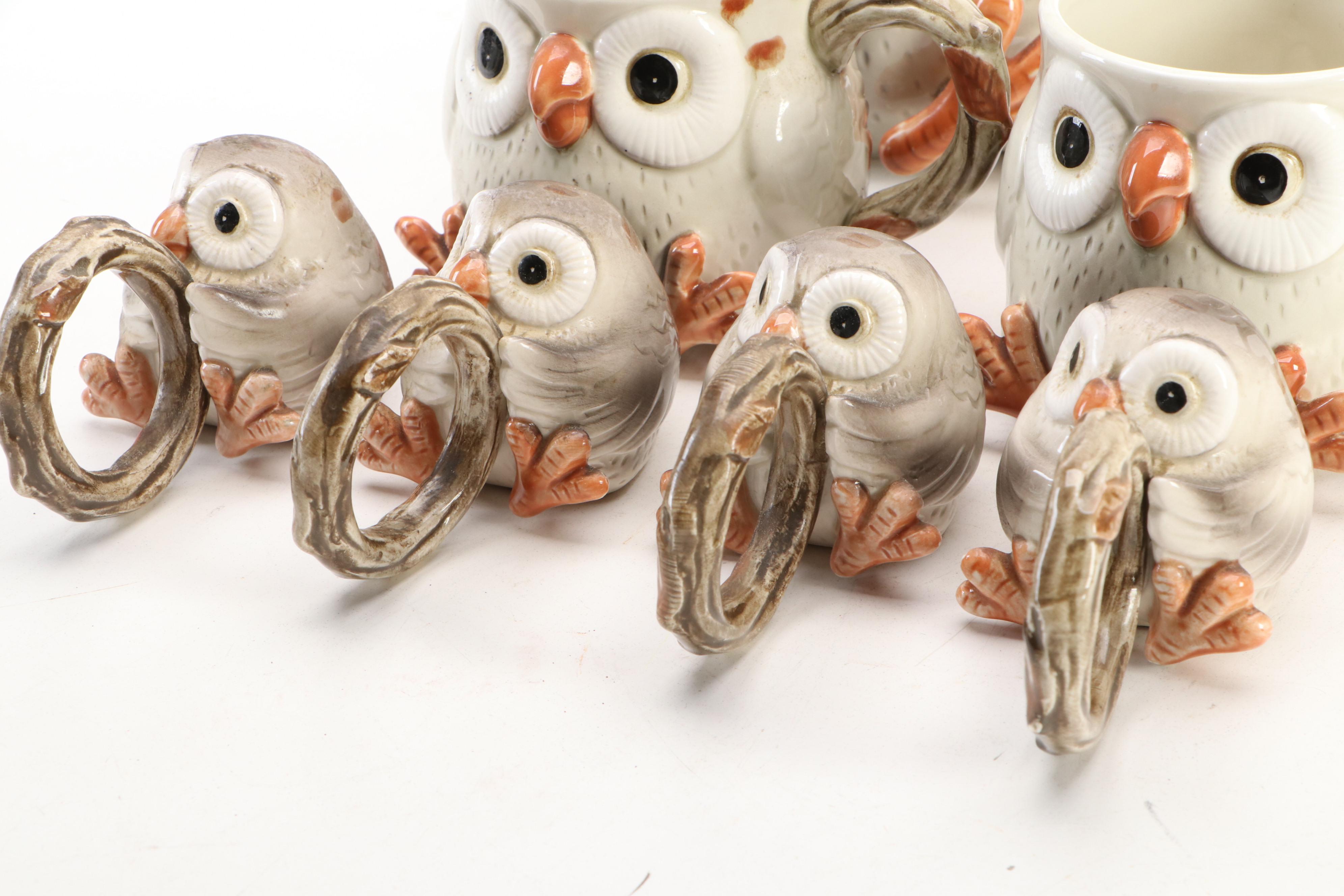 Fitz and Floyd Owl Mugs, Napkin Rings and Pitcher, 1970s