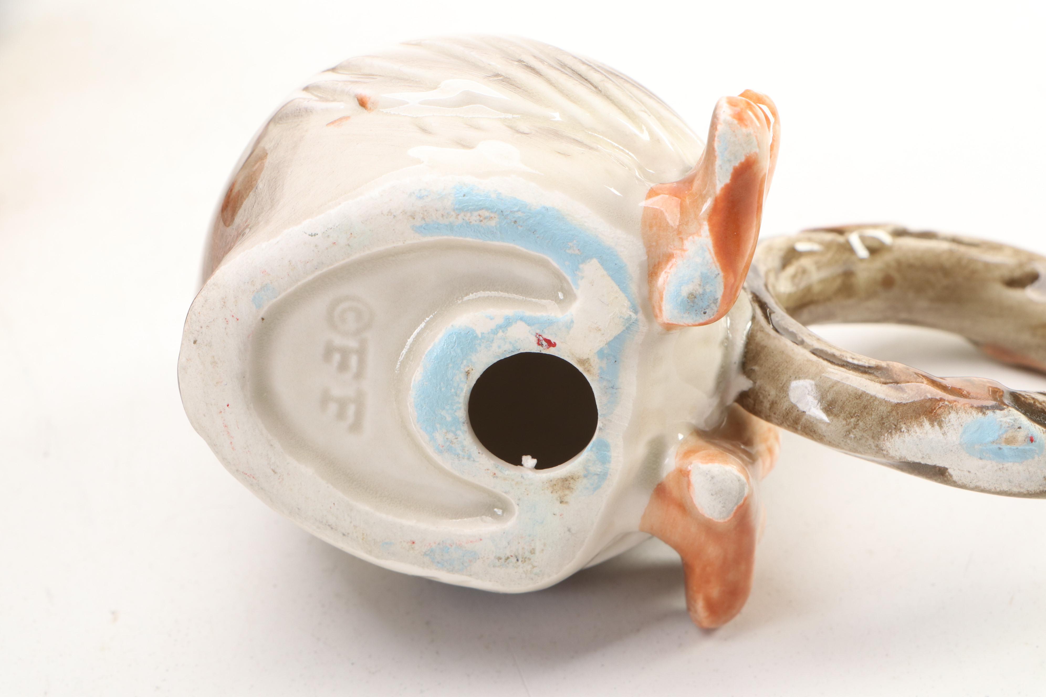 Fitz and Floyd Owl Mugs, Napkin Rings and Pitcher, 1970s