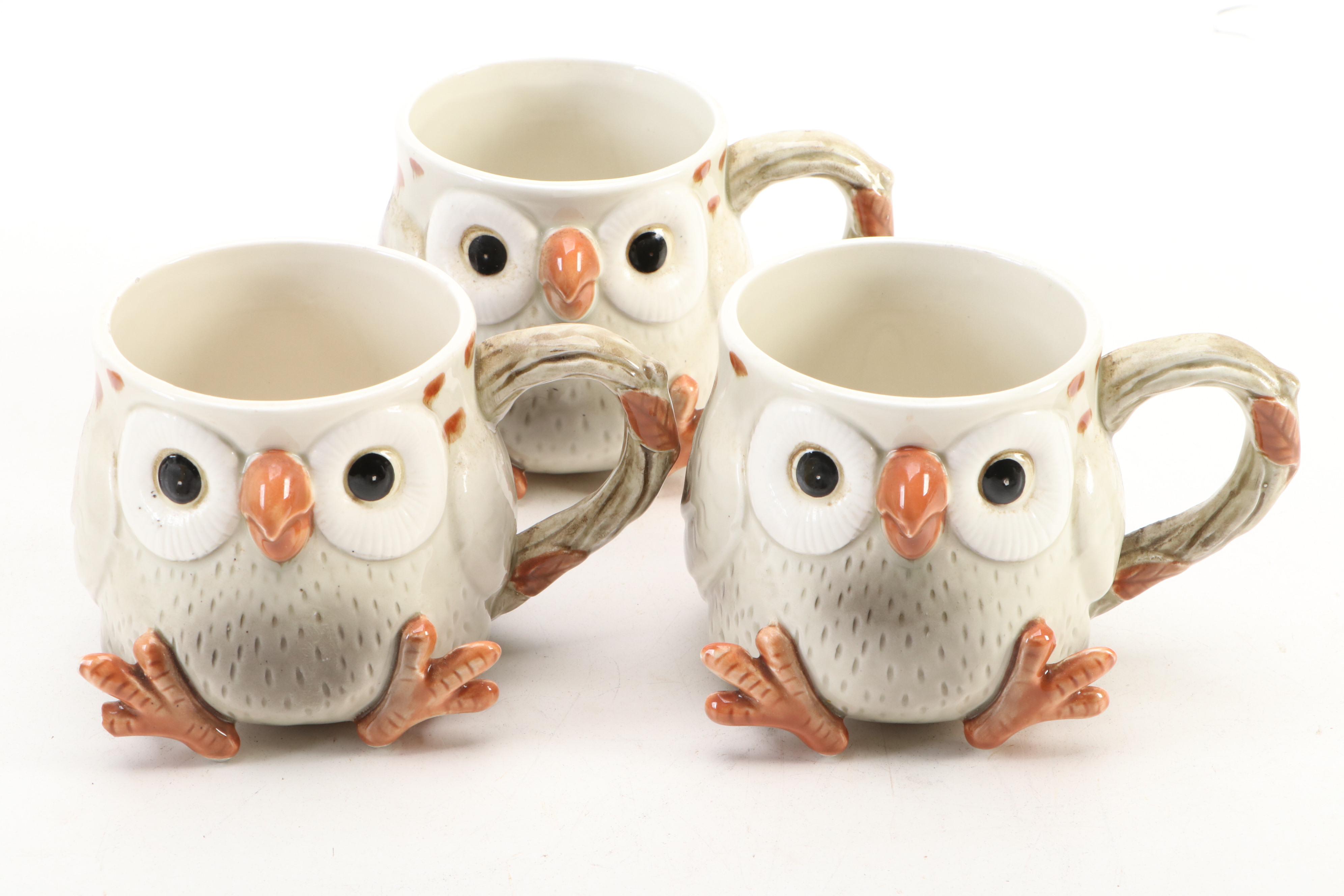 Fitz and Floyd Owl Mugs, Napkin Rings and Pitcher, 1970s
