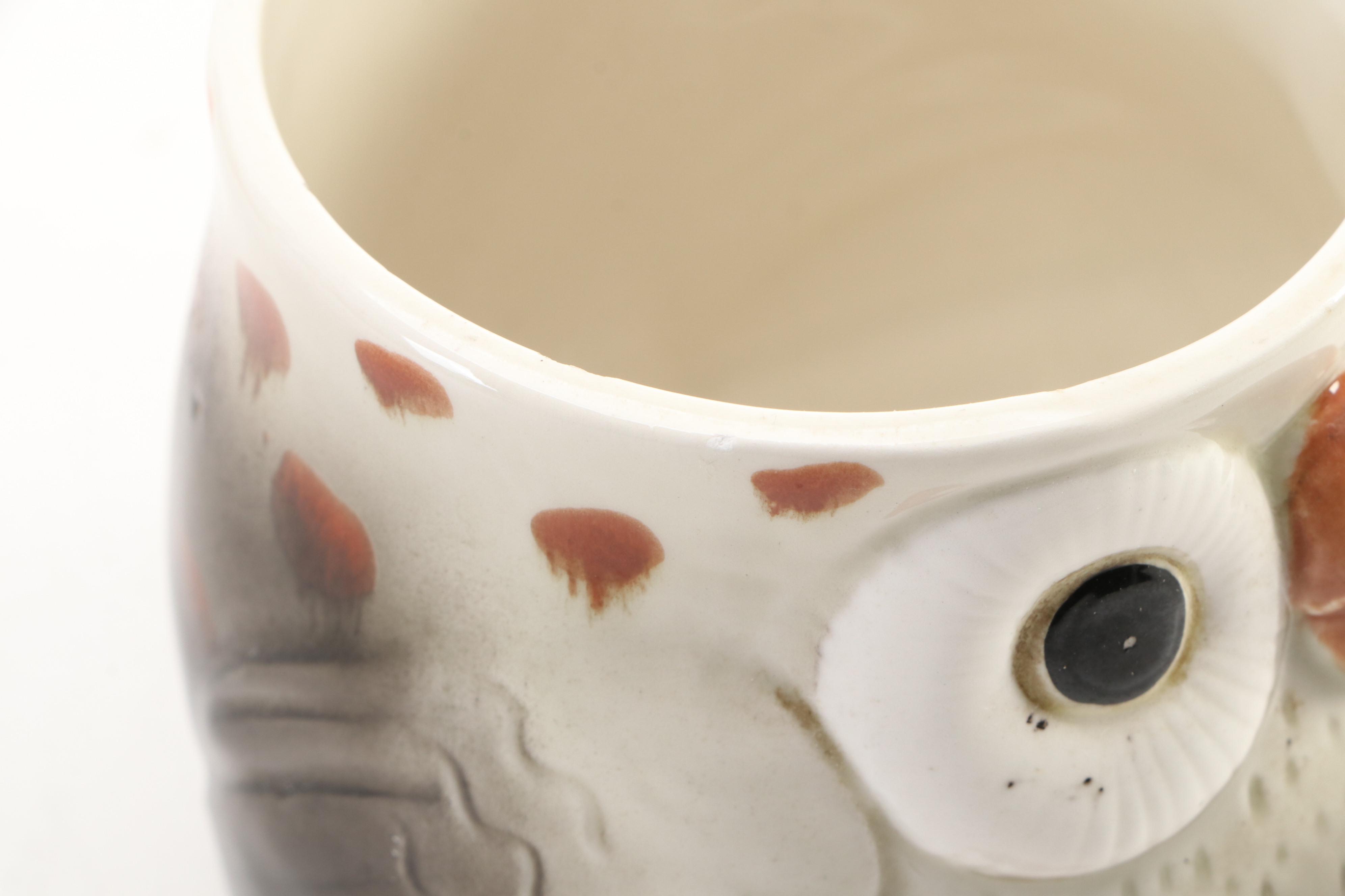 Fitz and Floyd Owl Mugs, Napkin Rings and Pitcher, 1970s