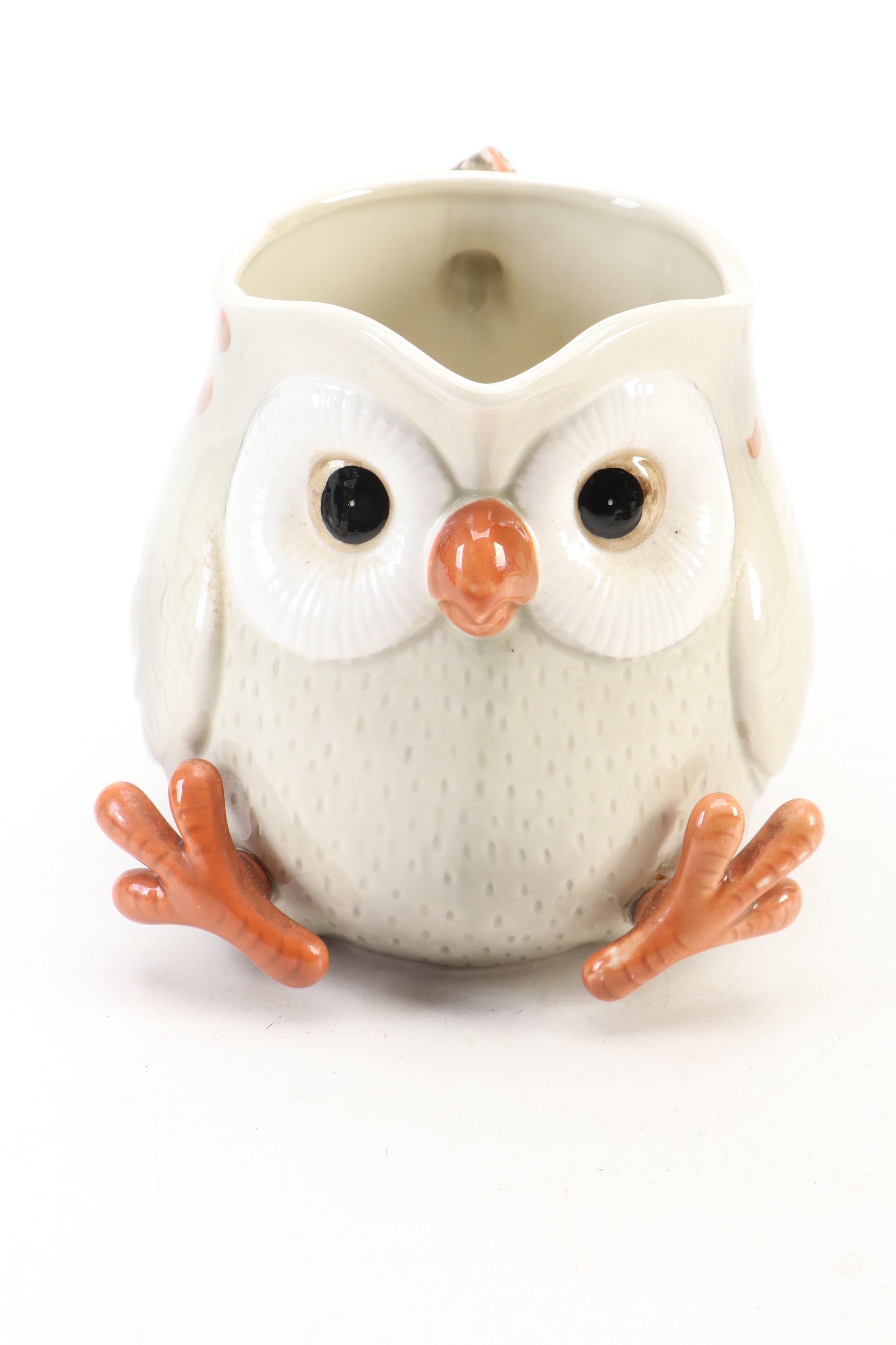Fitz and Floyd Owl Mugs, Napkin Rings and Pitcher, 1970s