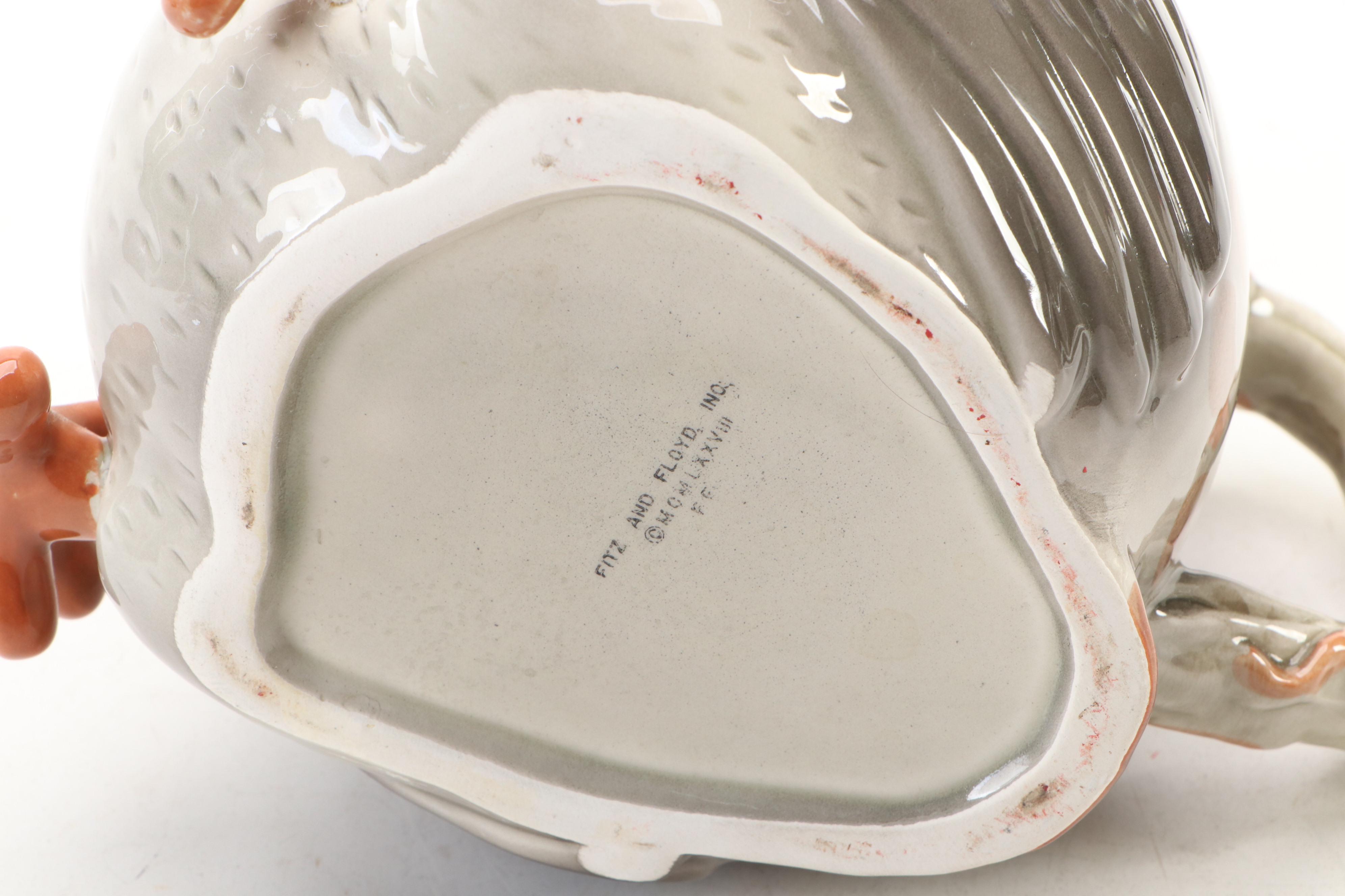 Fitz and Floyd Owl Mugs, Napkin Rings and Pitcher, 1970s