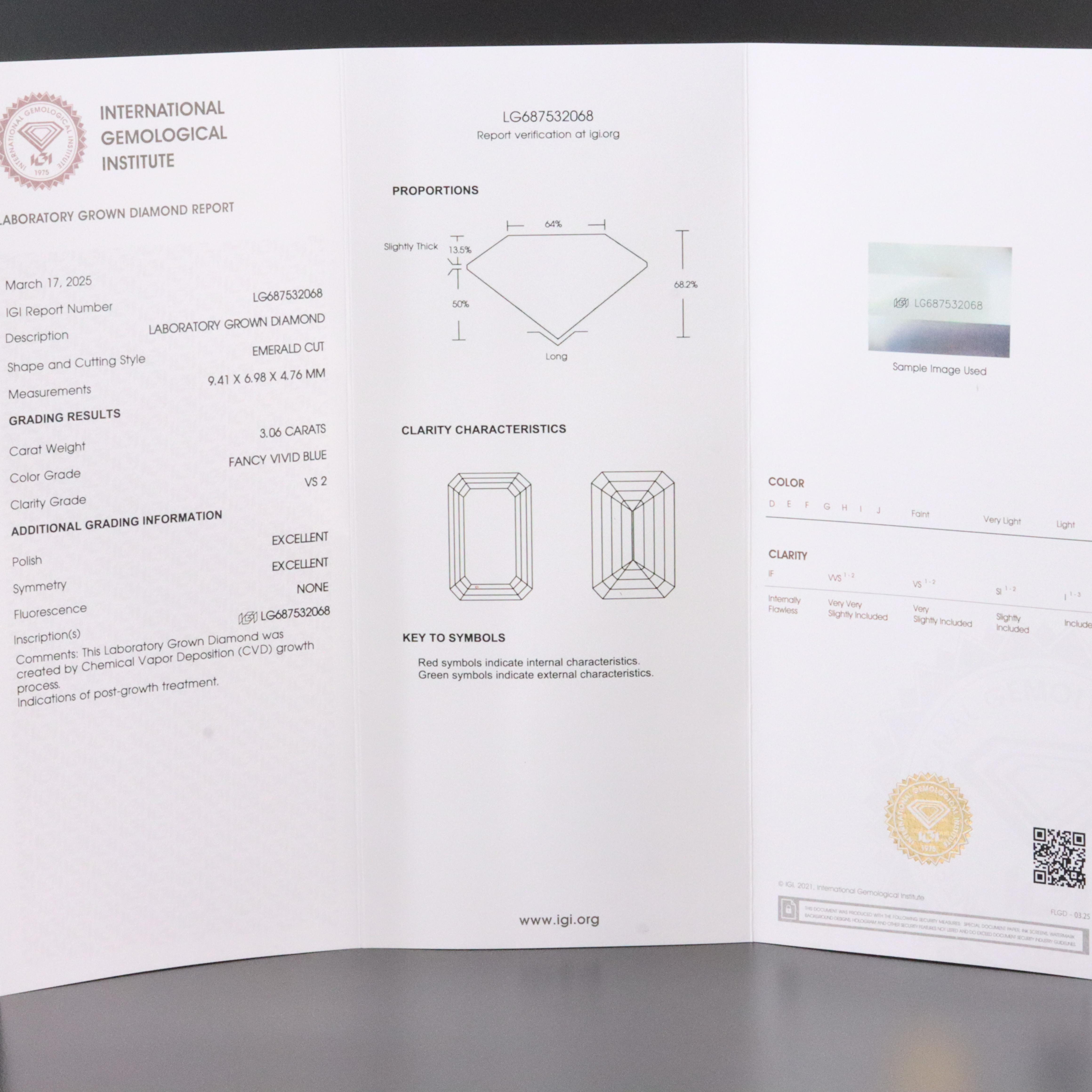 Platinum 3.06 CT Lab Grown Fancy Blue Diamond Solitaire Ring with IGI Report